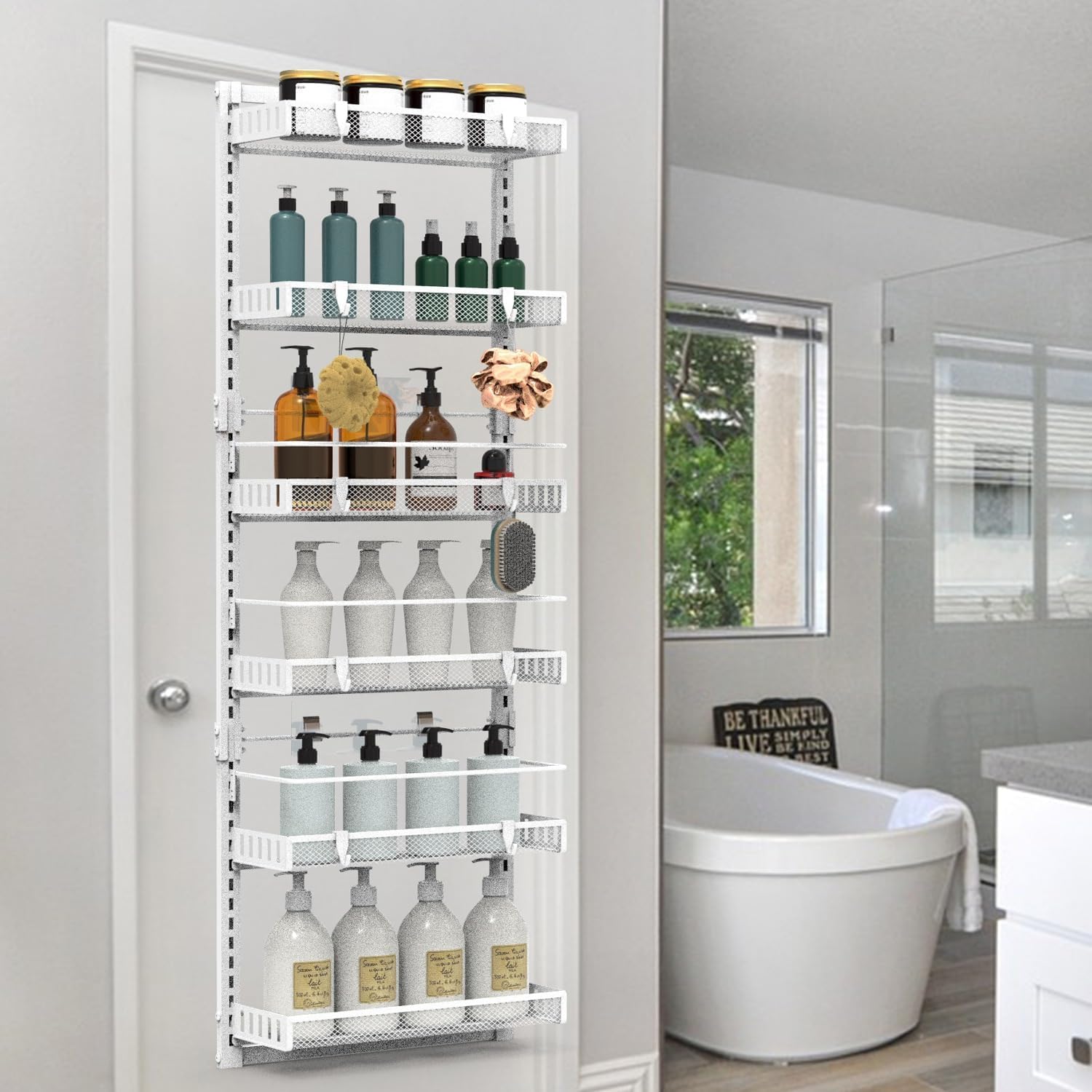 6-Tier Over the Door Pantry Organizer, Heavy Duty Metal Hanging Rack for Kitchen, 10LBS Loading Capacity, Spice Rack & Can Storage for Cabinet Door, Behind Door Shelf for Bathroom, White Hanging Shelf