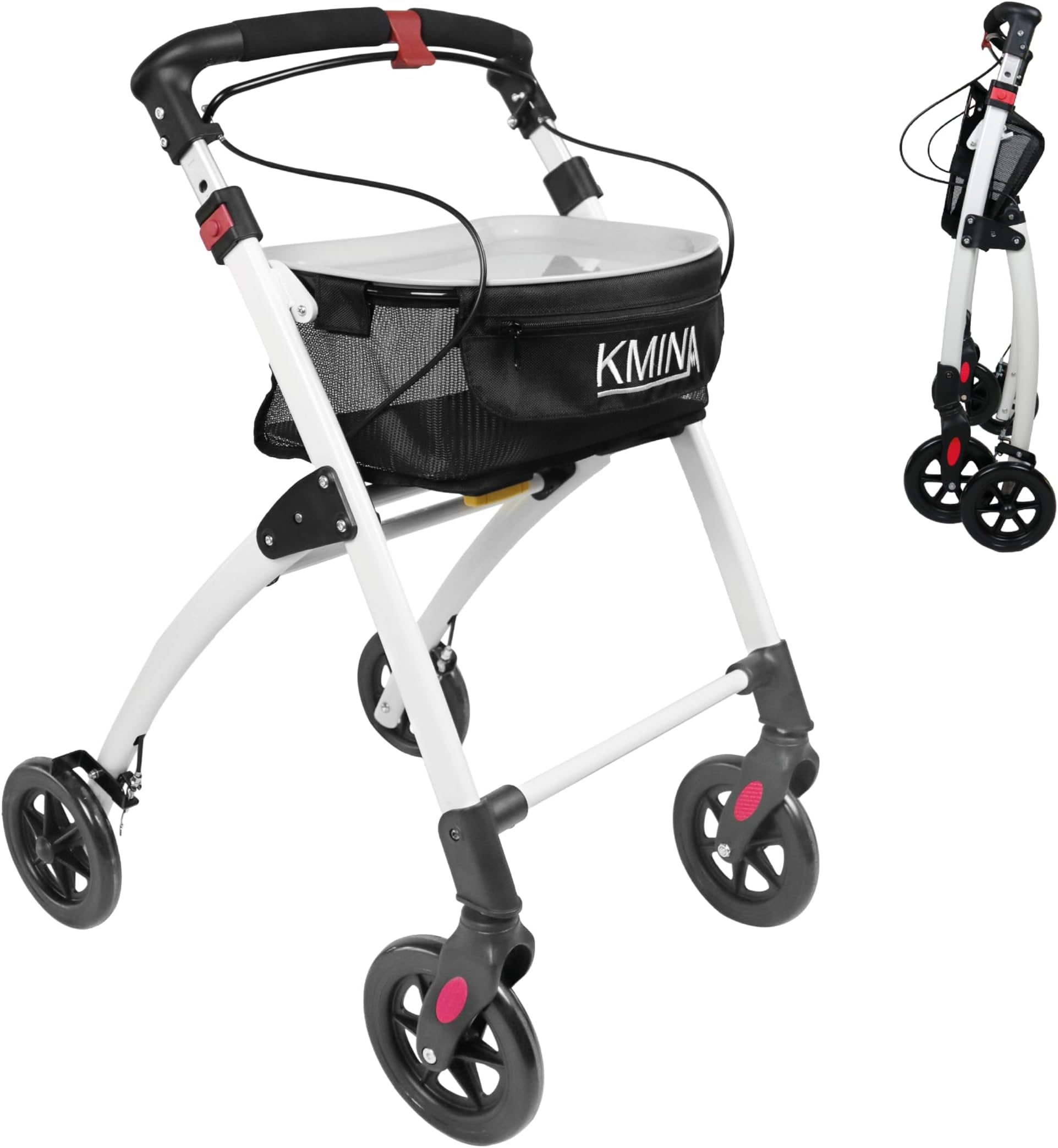 KMINA Narrow Walker with Tray, Lightweight, Basket and Brakes, Adjustable, 4 Wheel Folding Indoor Rollator, Black - KMINA PRO