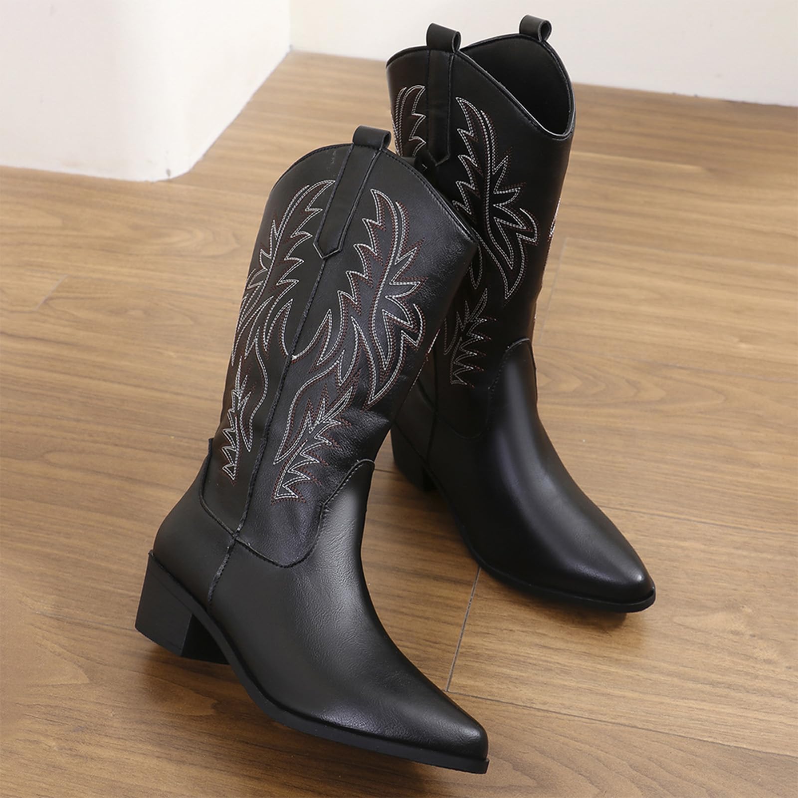Mujer Botas Vaqueras Occidentales Bordadas Hasta Pantorrilla Punta Afilada Tacón Bajo Grueso Ideal Conciertos Fiestas Vestidos Vaqueros Faldas