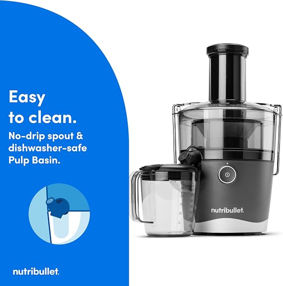 nutribullet Juicer, 800W Juicer, Large 3 Feed Chute for Whole Fruits and Vegetables, 27oz Juice Pitcher, .5L Pulp Container, Dual Speeds, BPA Free, Gray, NBJ50100