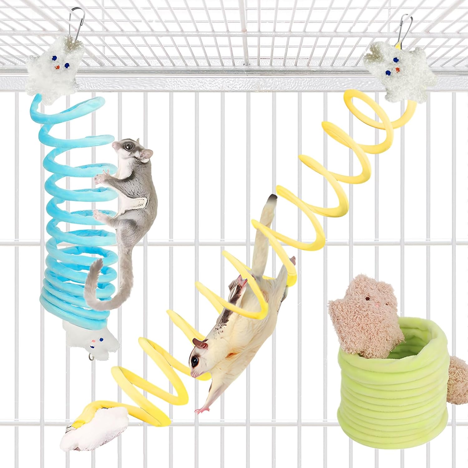 Sugar Glider Toys, Elastic Sugar Glider Climbing Ropes, Hanging Sugar Cage Accessories, Rat Enrichment Climbing Toys, Soft Touch Small Pet Swing Toy (3pcs Green & Blue & Yellow)