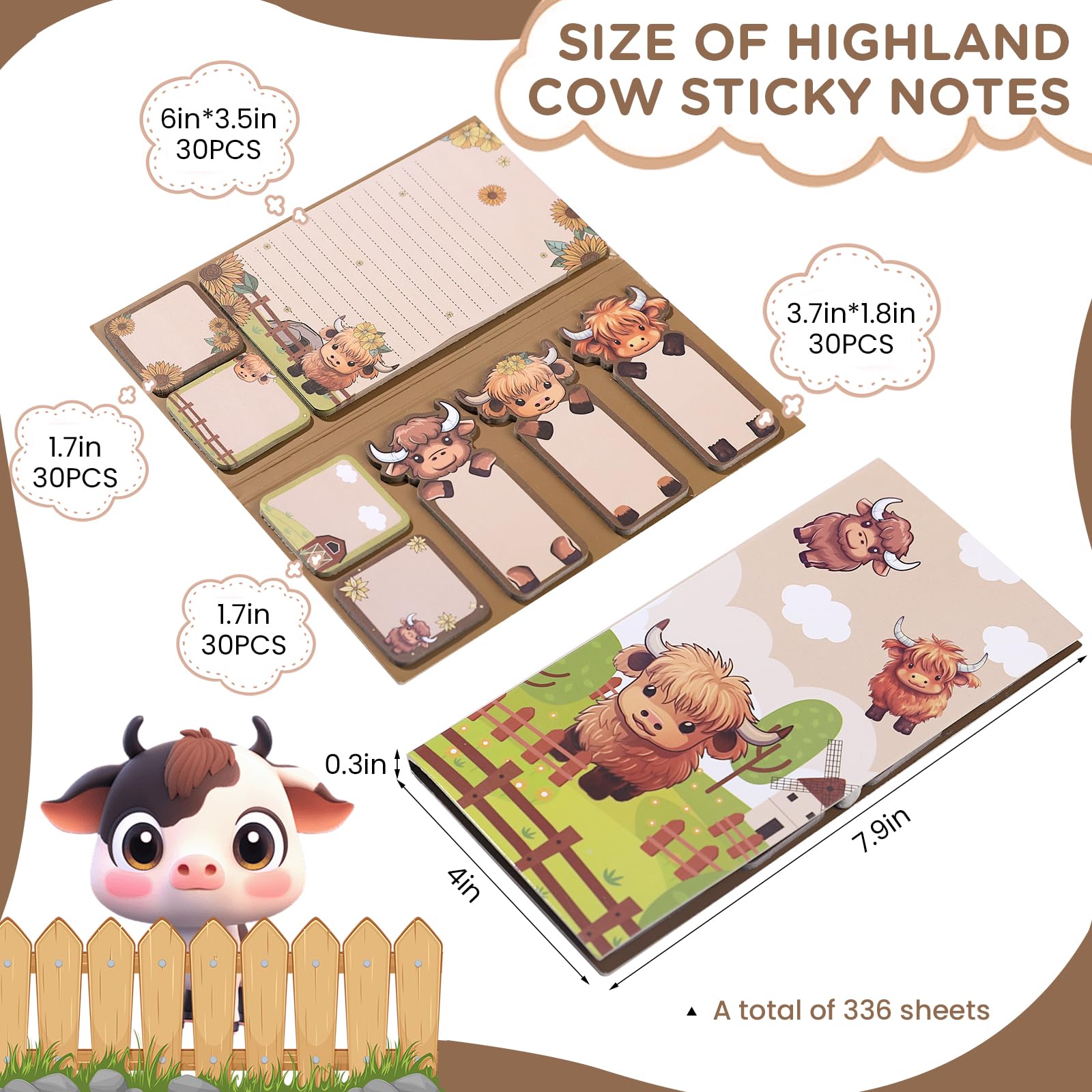 Lot De 9 Blocs-notes Autocollants En Forme De Vache Des Highlands - 7.6x7.6cm, 50 Feuilles Par Bloc - 9 Couleurs Différentes - Pour Bureau, école, Rappels, Décoration