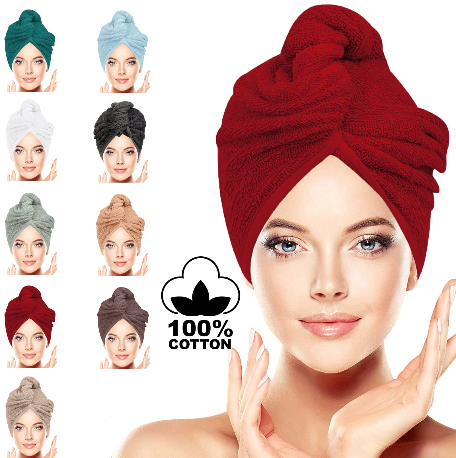 BAVIN LUXURY Hair Towel Wrap 100% Cotton, Instant Drying Lightweight Turban Cap Super Quick Absorbent Anti-Frizz Twist Toweling Dry Hat with Button Loop for Long Curly Hairs, 62CM x 23CM Red Pair