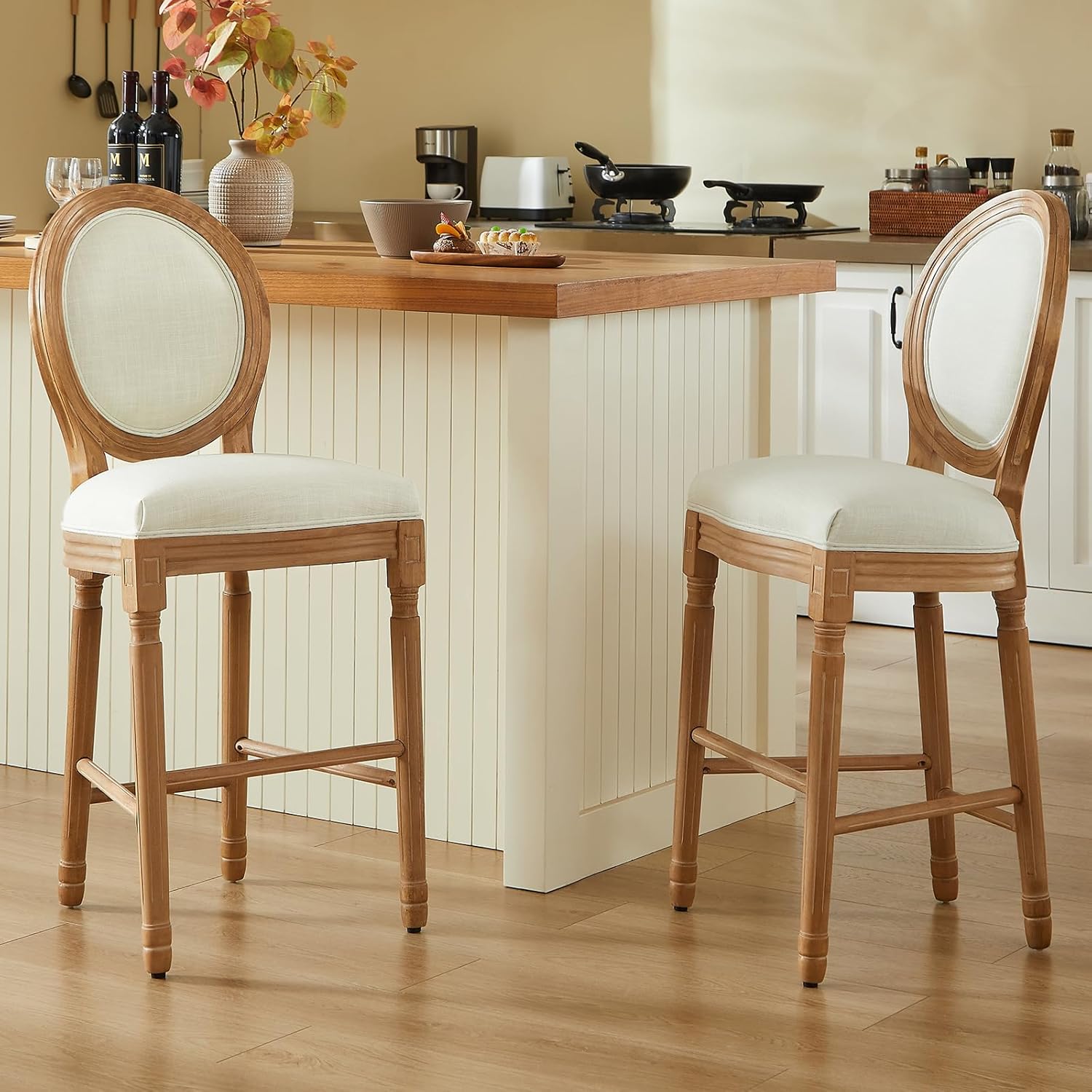 Nrizc Bar Height Chairs Set of 2, French Country Barstools with Solid Wood Frame and Upholstered Seating, Bar Stool for Dining Room, Kitchen