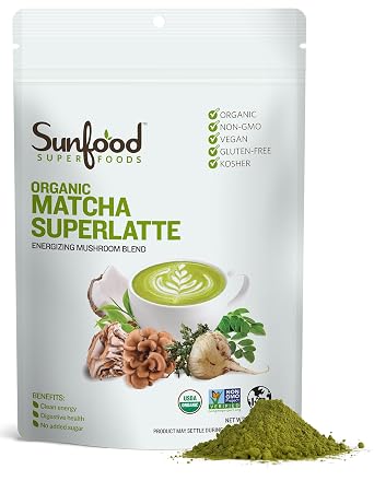 Sunfood Superfoods Matcha Superlatte - Matcha Mushroom Latte Powder with Moringa & Coconut Milk, Green Tea Powder for Energy & Metabolic Health, Coffee Alternative, Vegan, USDA Organic - 6 oz Bag