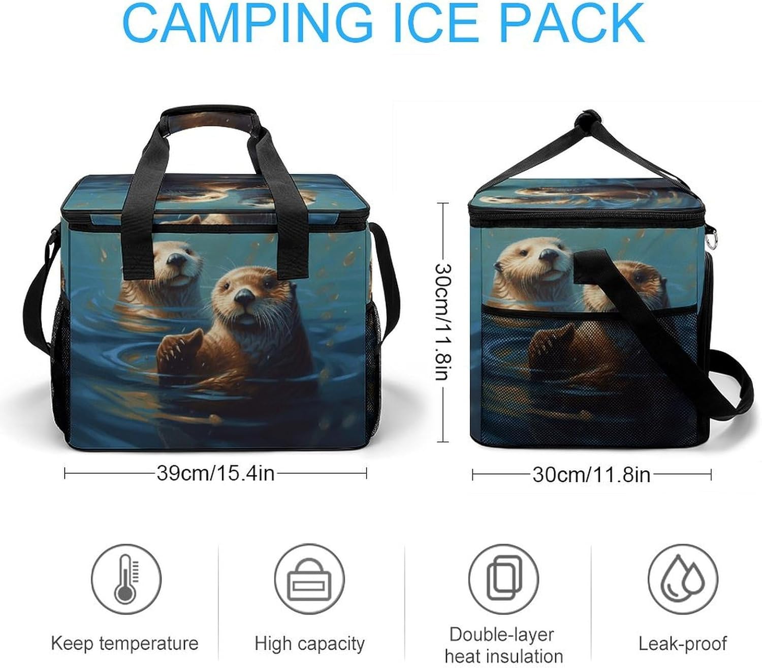 Large Capacity Oxford Cloth Sea Otters Painting Printed Camping Ice Bag, Outdoor Portable Insulation and Cooling Bag, Suitable for Outdoor Camping and Picnics