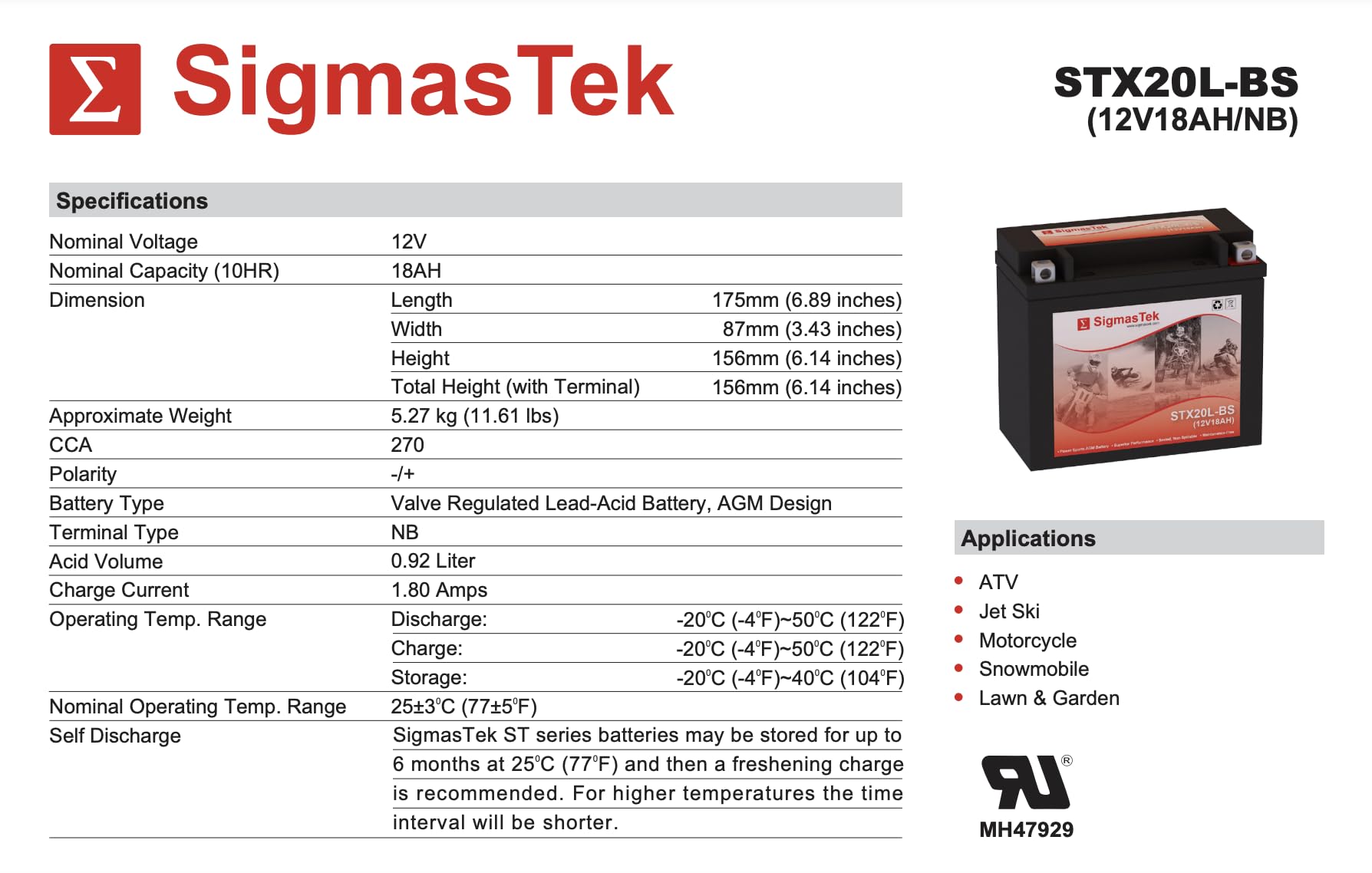 Arctic Cat F 1000, 2007-2009 Snowmobile Replacement Battery by SigmasTek