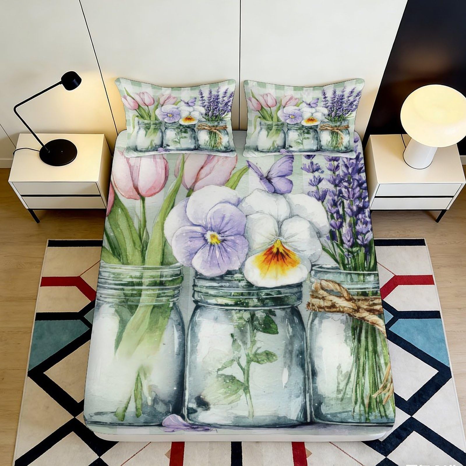 3D Printed Mason Jar Flower Fitted Sheet Microfiber Soft Pastel Botanical Bed Cover for Bedroom Guest Room Decor 90x200x25cm