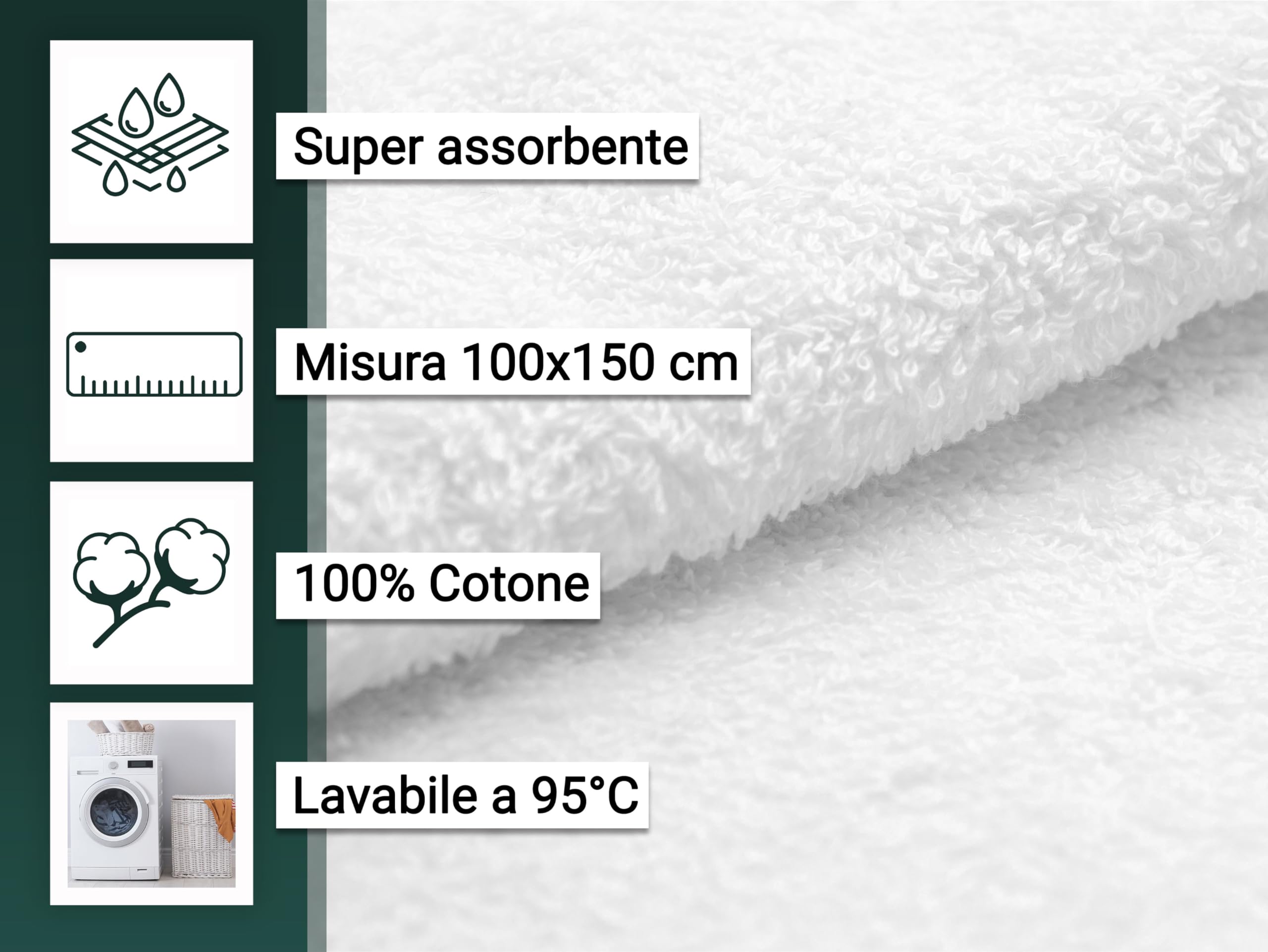 ZOLLNER set di 2 asciugamani da doccia 100x150 cm - morbidi e assorbenti teli grandi bianchi - con pratico gancetto - lavabili fino a 95°C - cotone - qualità alberghiera