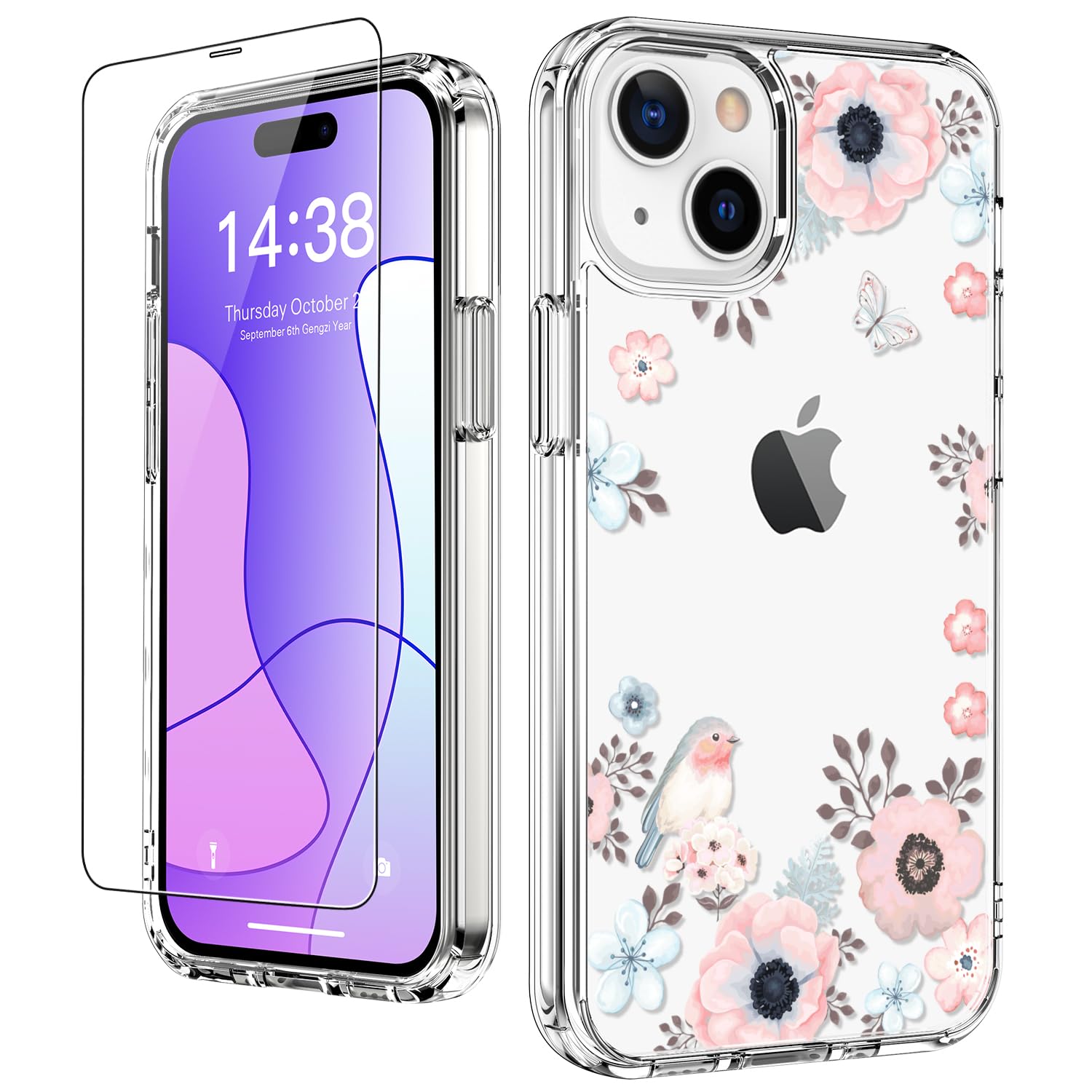 LUHOURI for iPhone 15 Case with Screen Protector - Crystal Clear Cover Fashionable Designs Women and Girls Slim Fit Protective Phone 6.1/'',Nice Blossoms, LU-i15-6.1/''-23