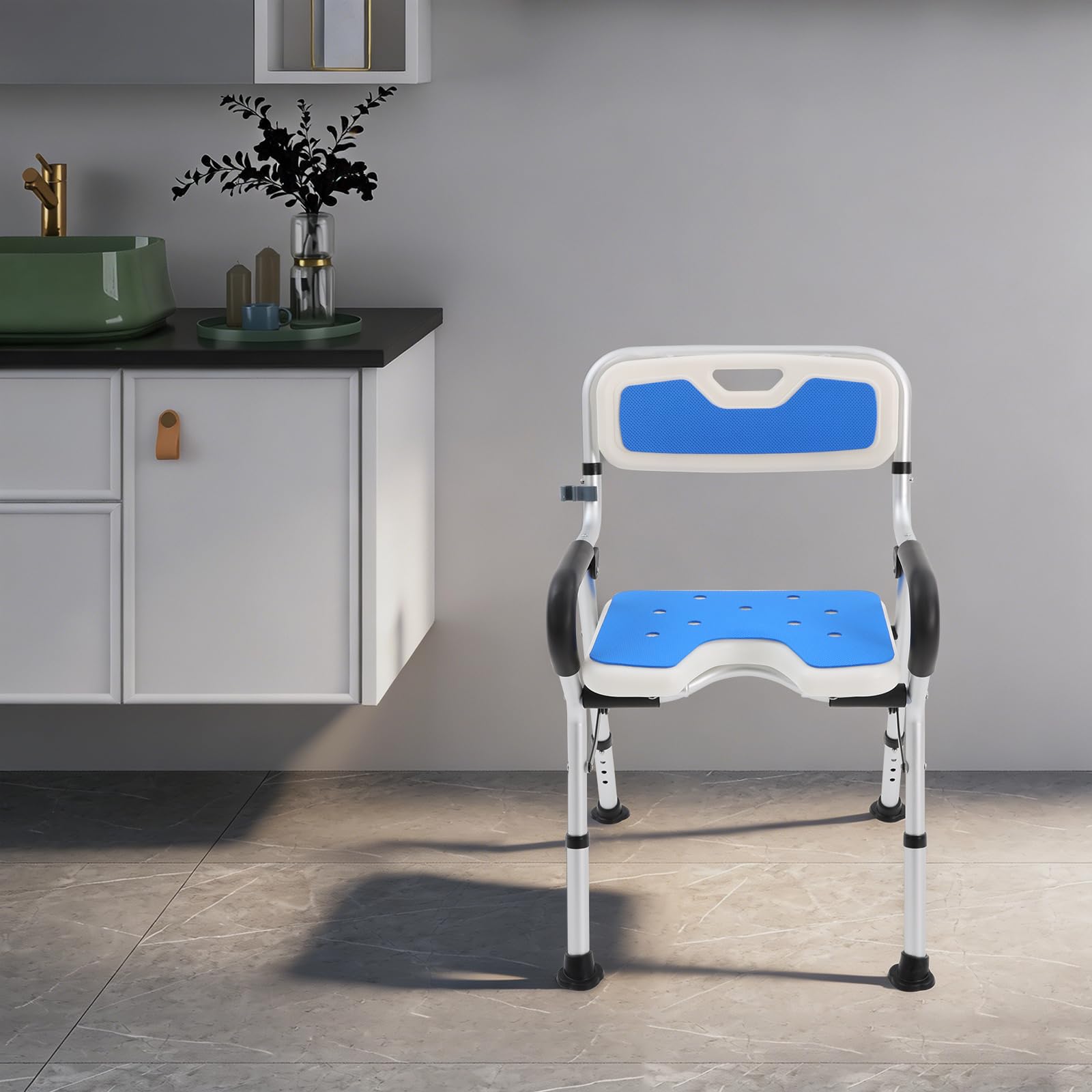 Silla de ducha para personas mayores, altura regulable, taburete de ducha hasta 150 kg, 40 x 34 cm | Silla de baño plegable con agujeros de drenaje y soporte de cabezal de ducha plástico, aleación de aluminio
