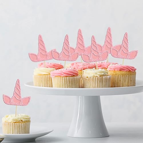 Miniatura 6 de Gyufise 24 piezas de decoración de cuernos de unicornio con purpurina rosa de doble capa para cupcakes de caballo de unicornio para baby shower,
