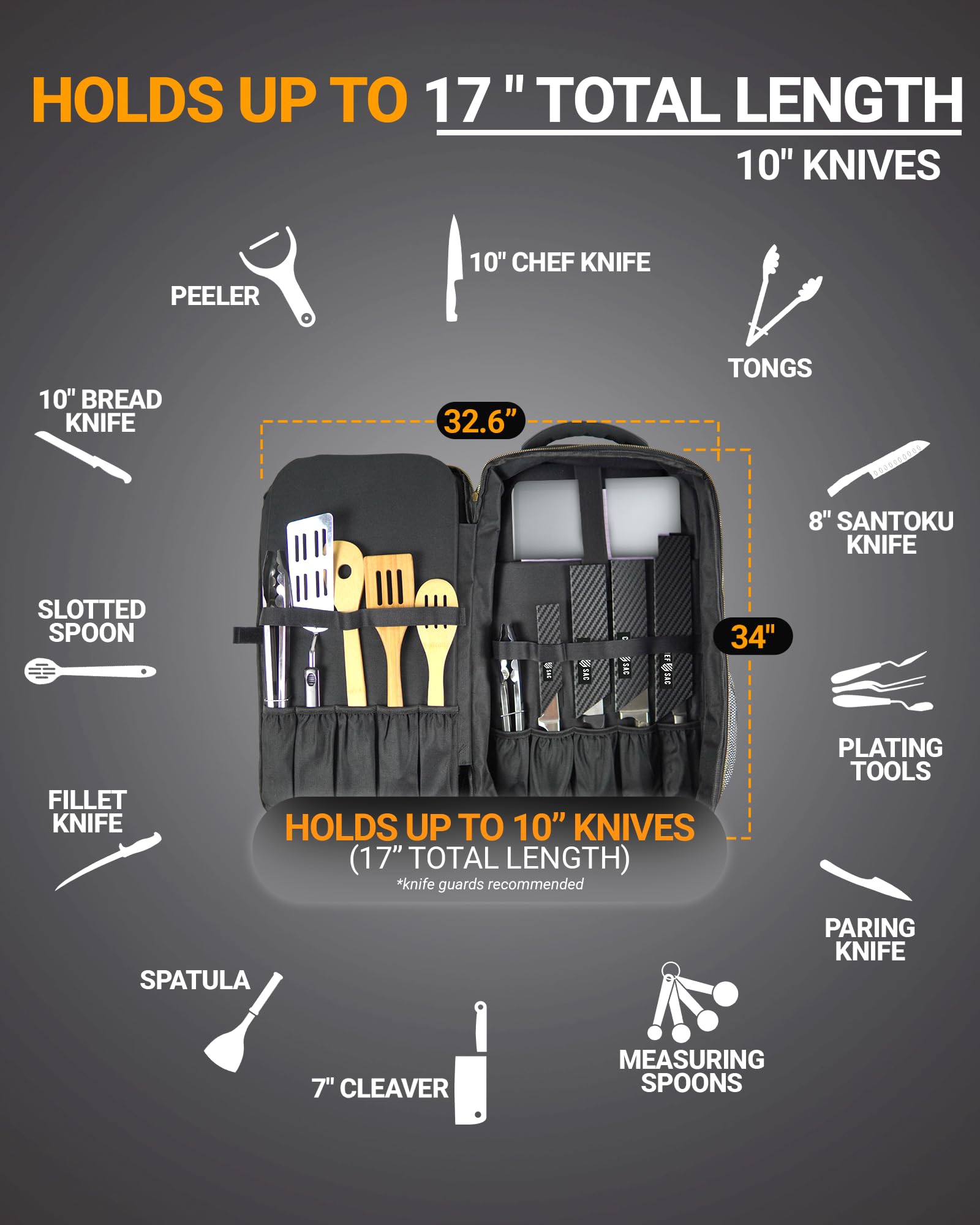 Chef Knife Backpack TRAVELLER - Patented Knife Retention Panels with Hook-and-Loop, Water Resistant 900D Polyester Canvas, YKK Zippers, Work Bag for Chefs & Culinary Students (Black) — Amazon image 6