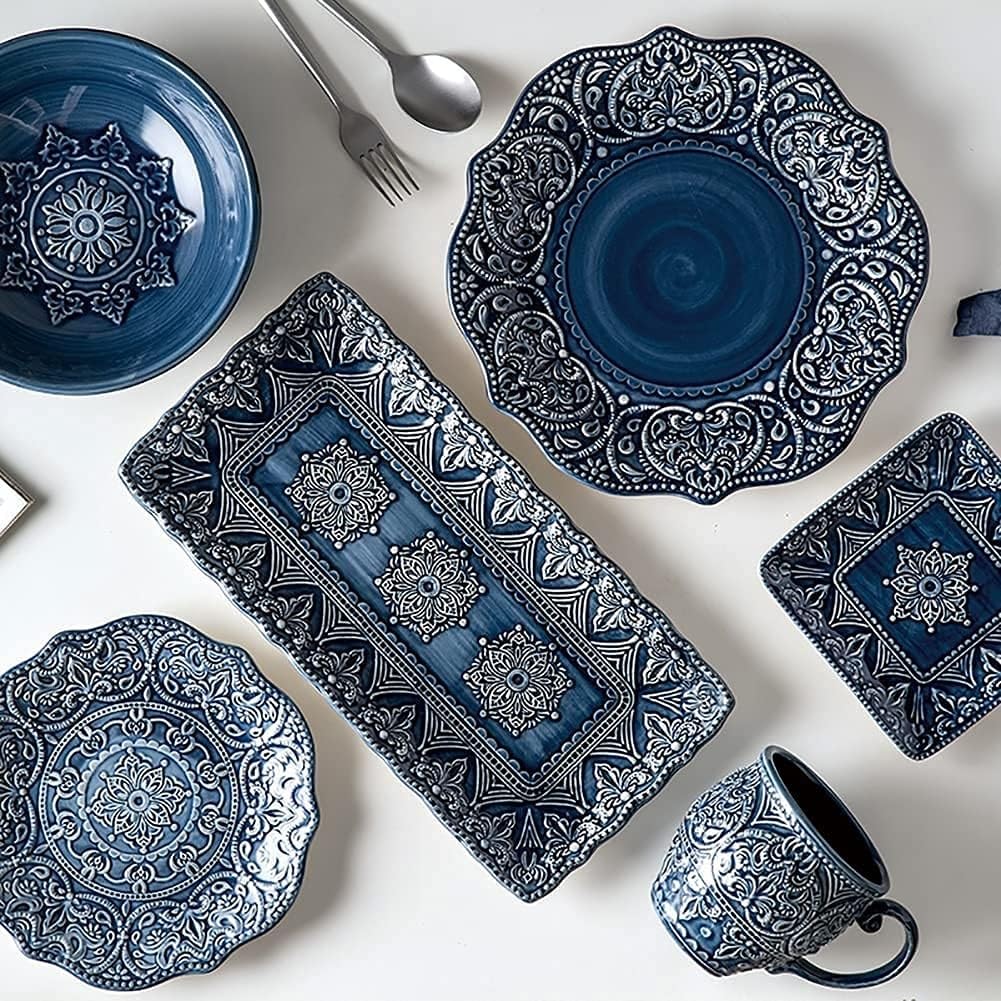 Juego De Vajilla De Cerámica Azul 12 Piezas Bajo Vidriado Ideal para Restaurantes Fiestas Familiares Y Eventos Vajillas Completas Baratas