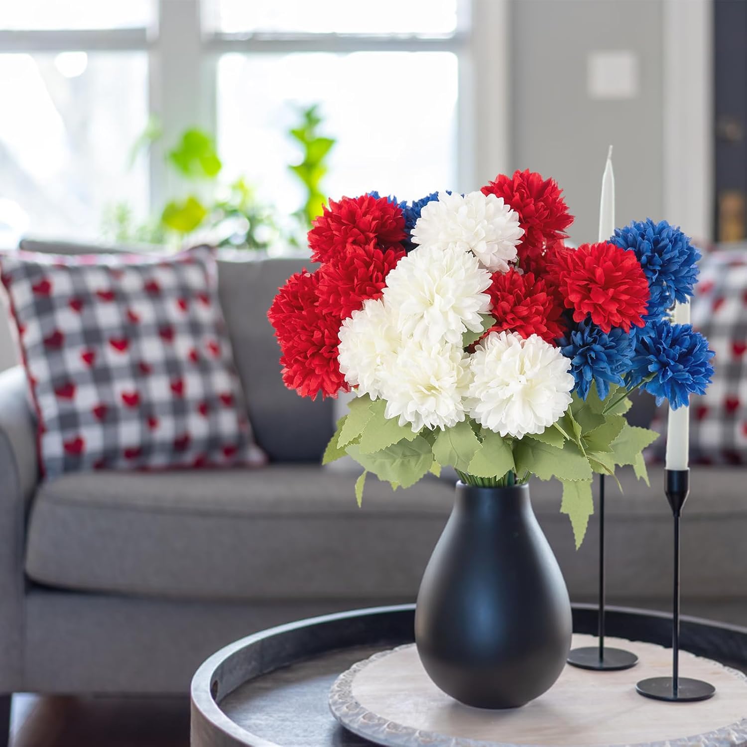 Artificial Marigold Flowers, 6 Pack Patriotic Flowers Bouquet with 36 Silk Flower Heads for 4th of July Memorial Day Table Centerpiece Vase Decor - Red, White, Blue