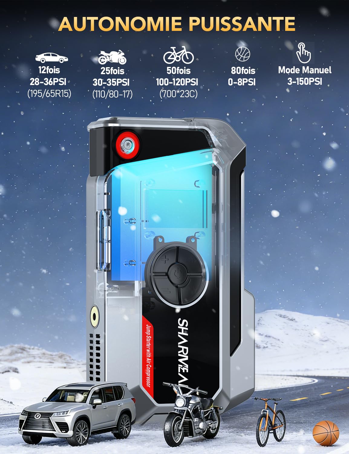 SHARMEAL 10000A Arrancador de Baterias de Coche con Compresor, 250PSI Inflador de Neumáticos, 12V, Arrancador de Coches para Vehículo (Todo Gasolina o 12L Diésel), Pantalla LCD, Luz de Emergencia