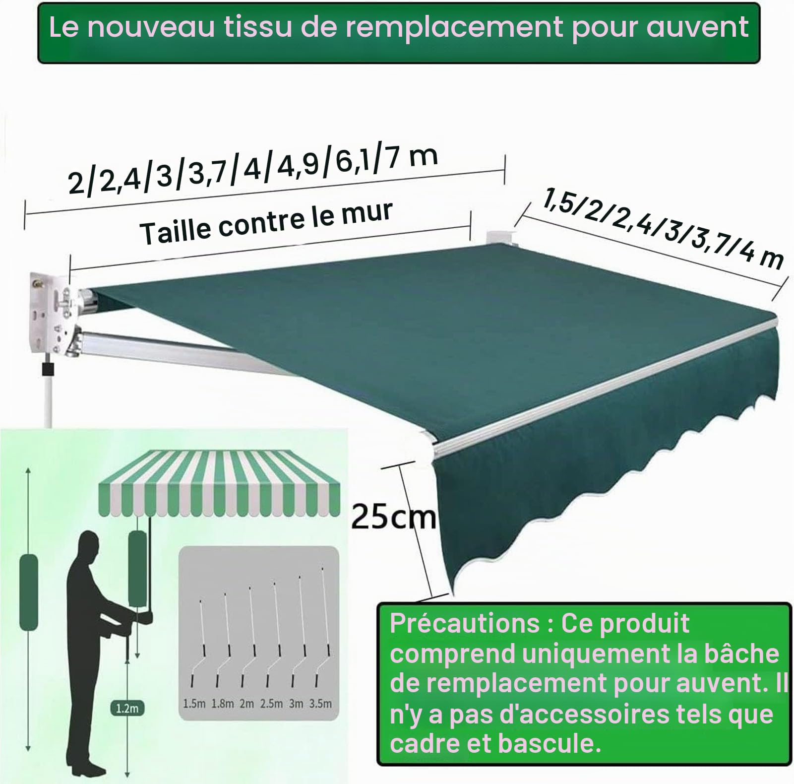 Toile De Rechange for Auvent,Store Banne Manuel RéTractable Toile D'Auvent Store Banne for Patio, Terrasse Ou Jardin ImperméAble Tissu De Remplacement for Auvent,03,14.8x11.5FT/450x350CM