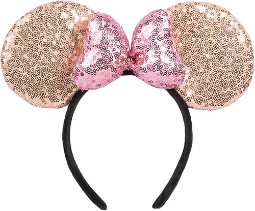 CHuangQi 1 diadema brillante con orejas de ratón con lazo 3D, banda de pelo de lentejuelas de doble cara para fiesta de cumpleaños o parque de