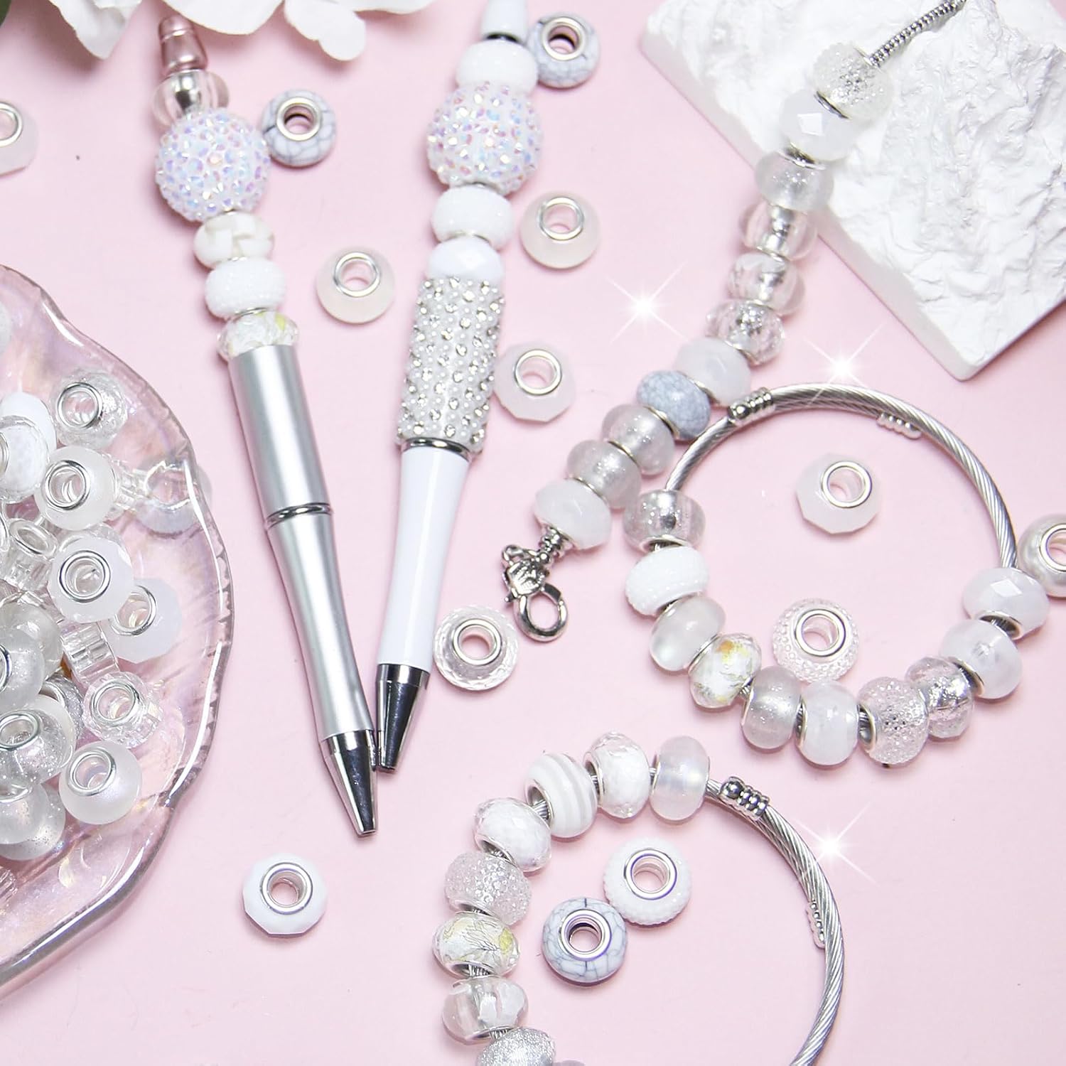 100 Pieces Large Hole Beads, Assorted European Craft Beads White Big Hole Fairy Wands Garden Beads Large Hole Lampwork Spacer Beads for DIY Pens Charms Bracelet Necklace Jewelry Making Supplies - Image 3