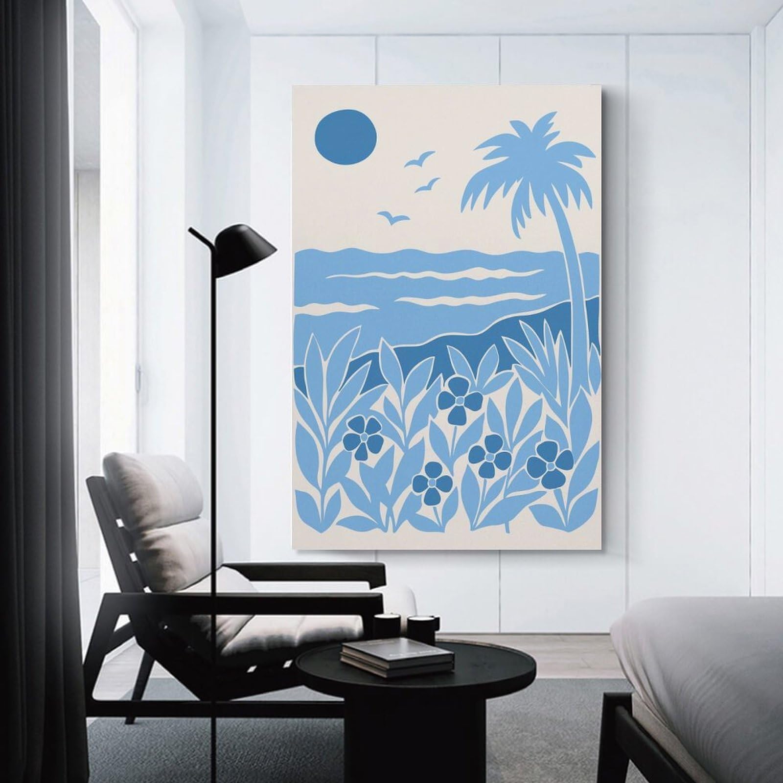 Junmoney Tropical Beach Scene with Palm Tree And Flowers Canvas Art Print, 24x36inch(60x90cm), for Small Homes, Bedrooms Or Open Spaces, Wall Decor with Flexible Room Appeal