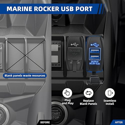 Miniatura 6 de Anina Interruptor basculante de 4.2 A, cargador USB dual con luz LED azul, puerto USB impermeable con fusible de 10 A para interruptor de palanca