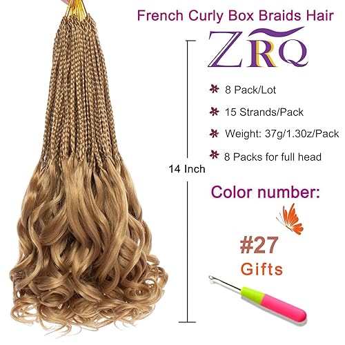 Miniatura 2 de ZRQ 8 paquetes de trenzas de ganchillo de 14 pulgadas, color rubio claro, trenzas de caja de diosa, cabello rizado francés preanudado con extremos