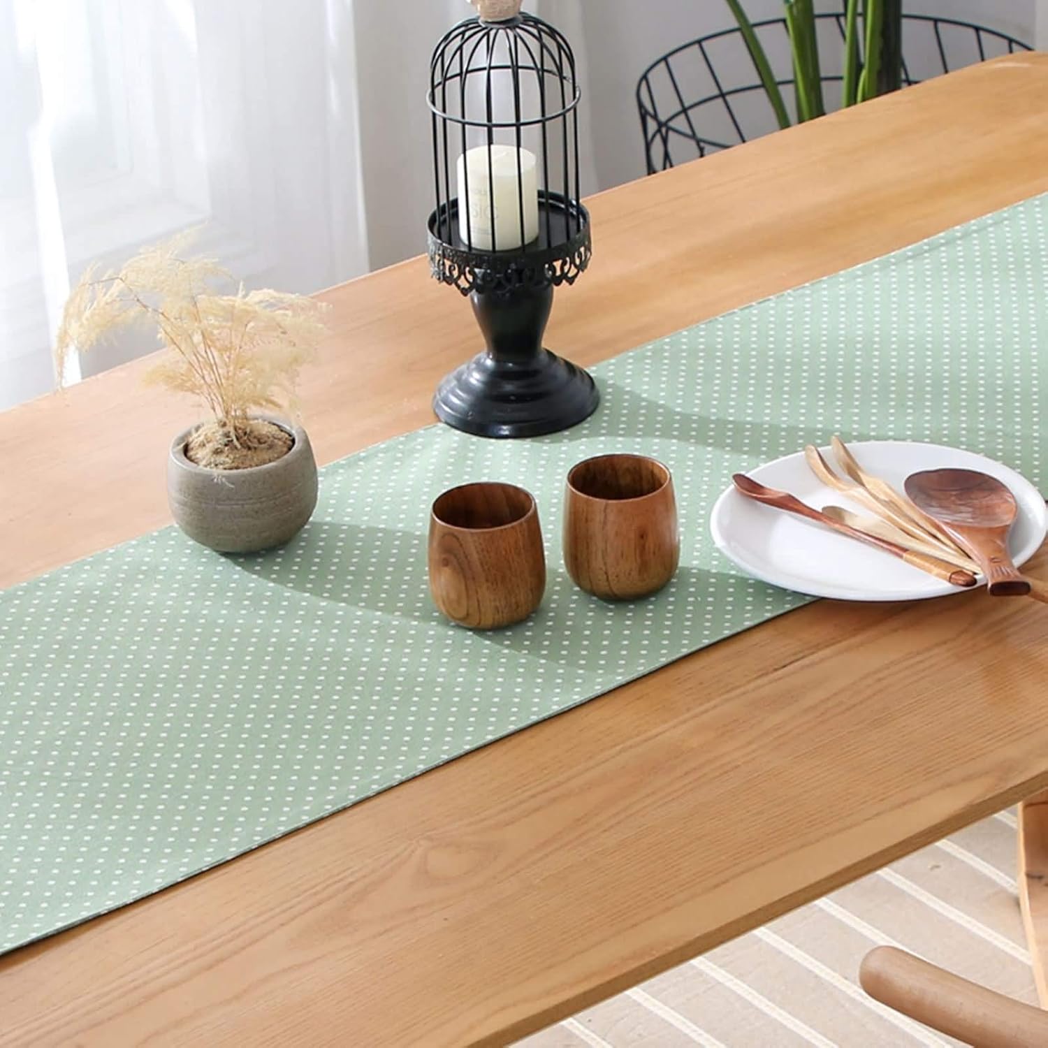 Wedding Table Runners,33x200CM,Dot Pattern with Tassel Small Table Runner Rectangle Cotton,Decorative Table Runner Green