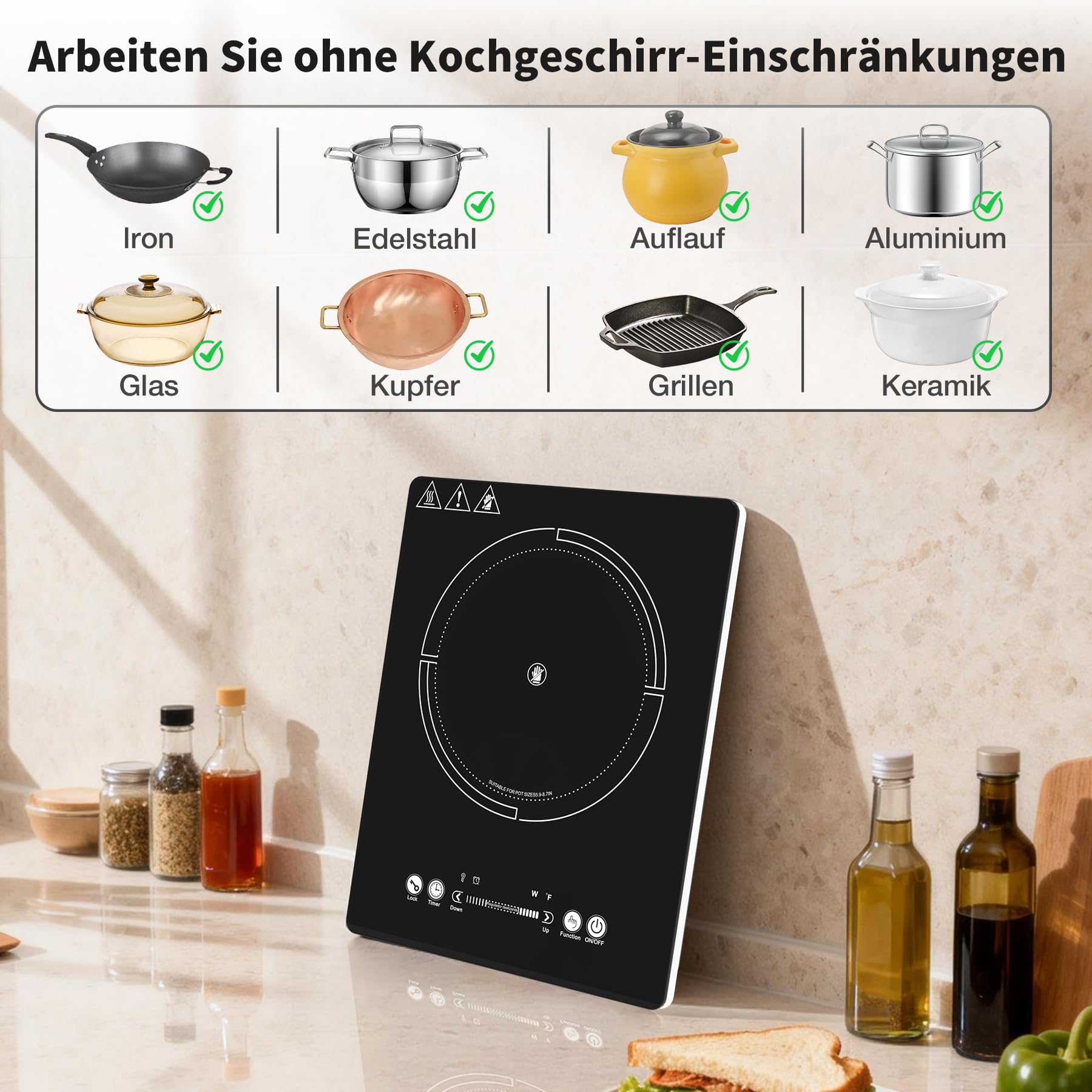 VBGK Cerankochfeld 1 Platte, 220V, 2000W glaskeramikkochfeld Cerankochfeld mit LED-Touch-Steuerung, 10 Leistungsstufen, 4-Stunden-Timer, Sicherheitsverriegelung