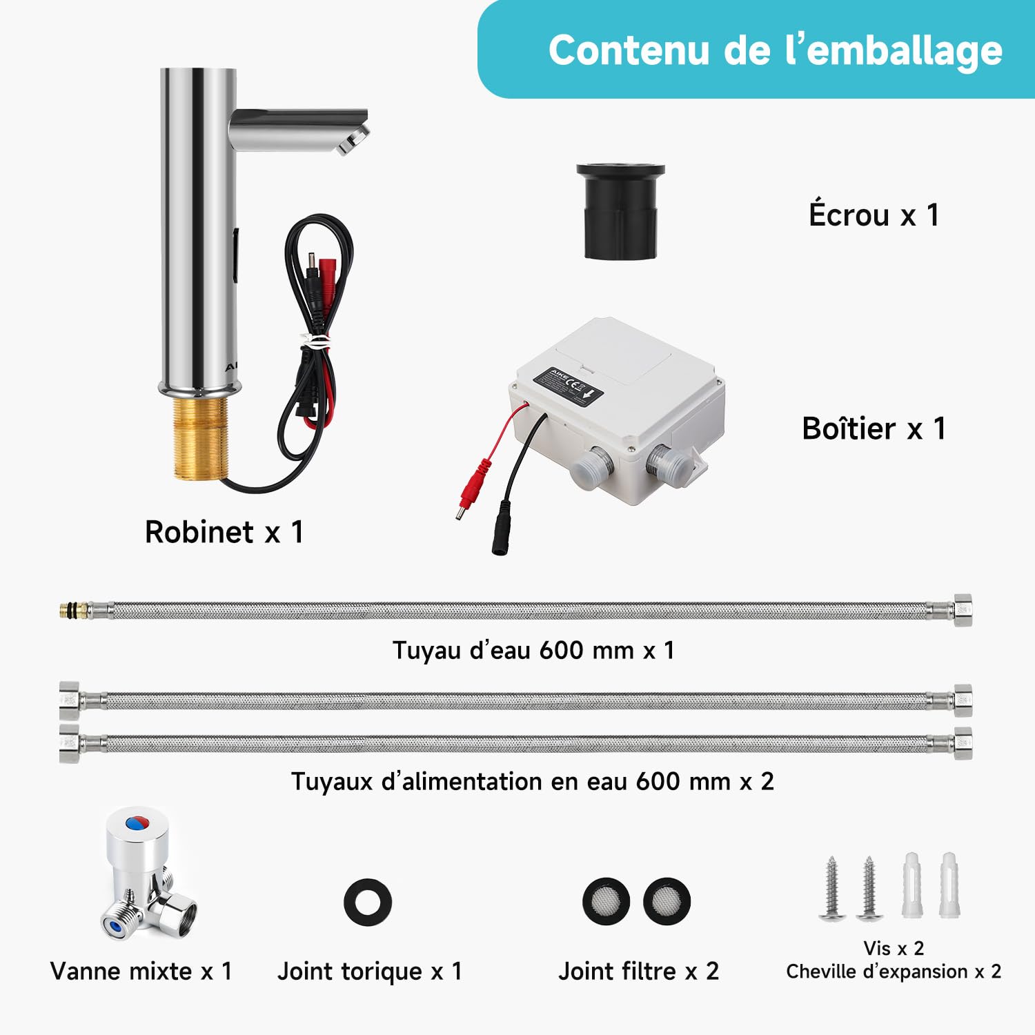 AIKE Robinet Commercial À Capteur Pour Salle De Bain, Sans Contact, Fonctionnant Sur Batterie, AK7501 Chrome