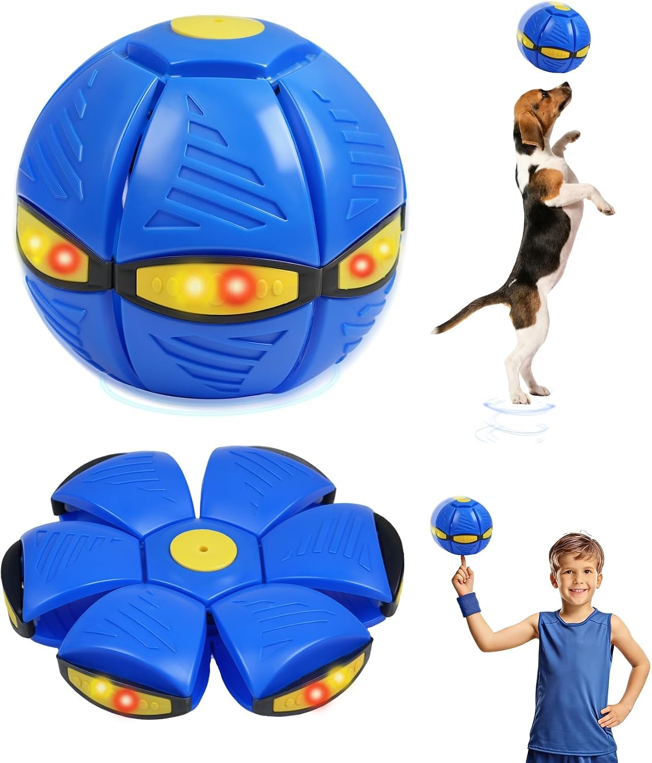 3-in-1 Magic Bouncing Ball for Kids Pop Up Flying Saucer with 6 LED Lights, Glow in the Dark, Dual-Form Interactive Toy for Boys & Girls - Indoor/Outdoor Fun (Blue)