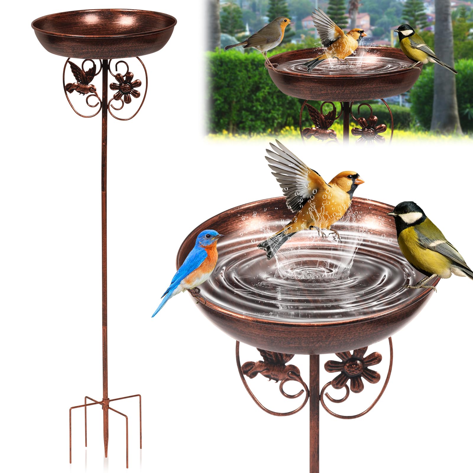 CBWERBB Metal Bird Bath for Garden,31In Vintage Freestanding Birdbaths & Supports,Upgraded 5-Pronged Base,Bird Baths Feeder Bowl for Outdoor Garden Patio Yard Lawn Decor