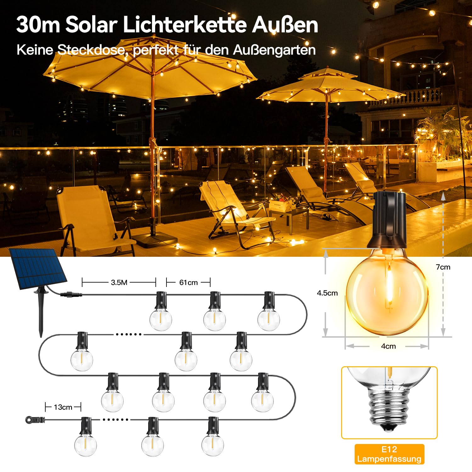 Guirnalda de luces solares para exteriores, 30 m, con 50 + 2 bombillas LED, G40, resistente a la intemperie, iluminación solar para jardín, balcón, mando a distancia, 3 modos de iluminación, función