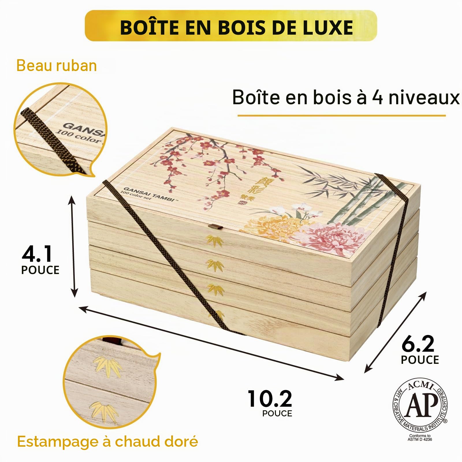 Kuretake Gansai Tambi, 100 couleurs en coffret bois, fabriqué au Japon