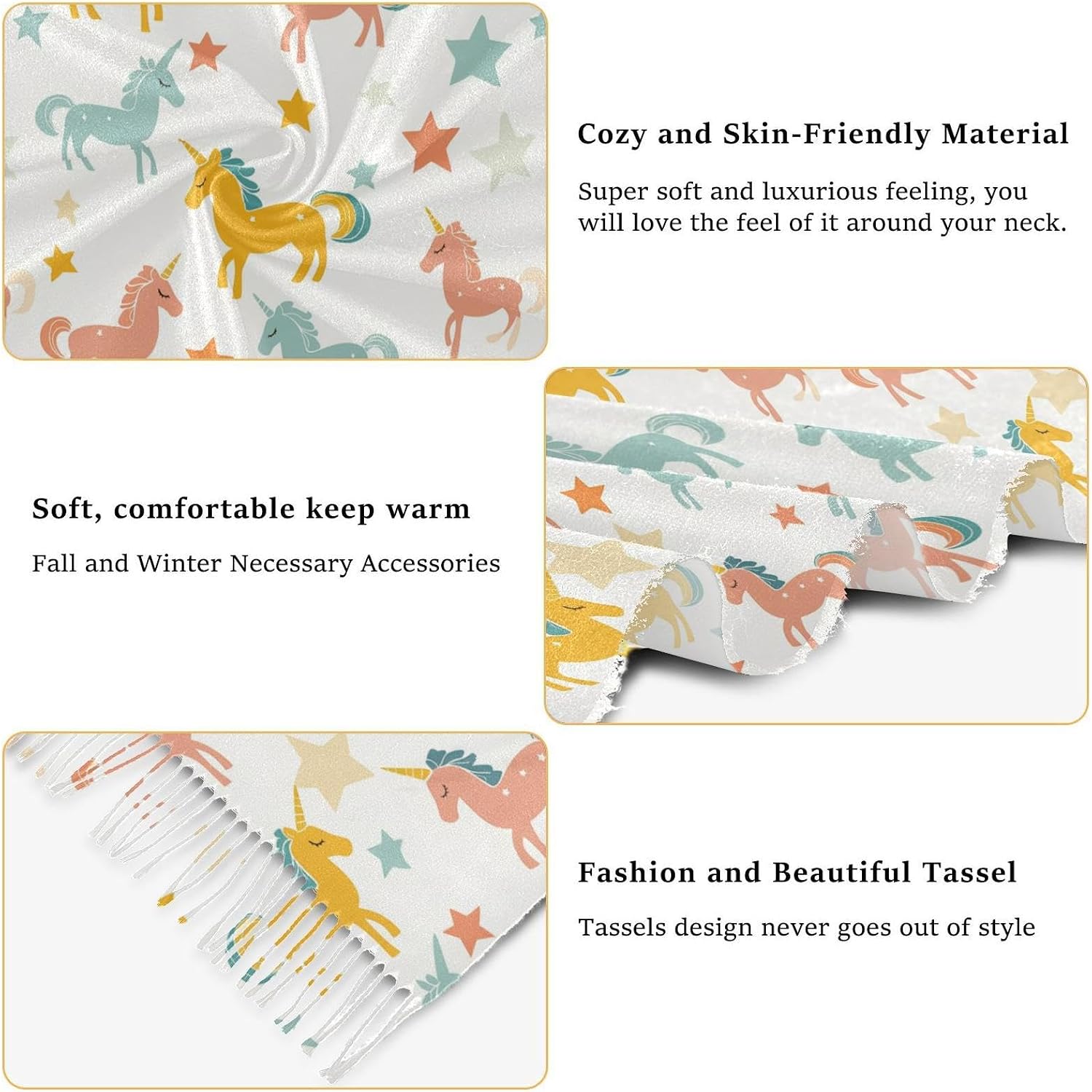 Winter Scarf for Women Cartoon Unicorn Star Fashion Tassel Shawl Wraps for Women, Cold Weather Warm Womens Scarves Soft Long Scarf Gifts