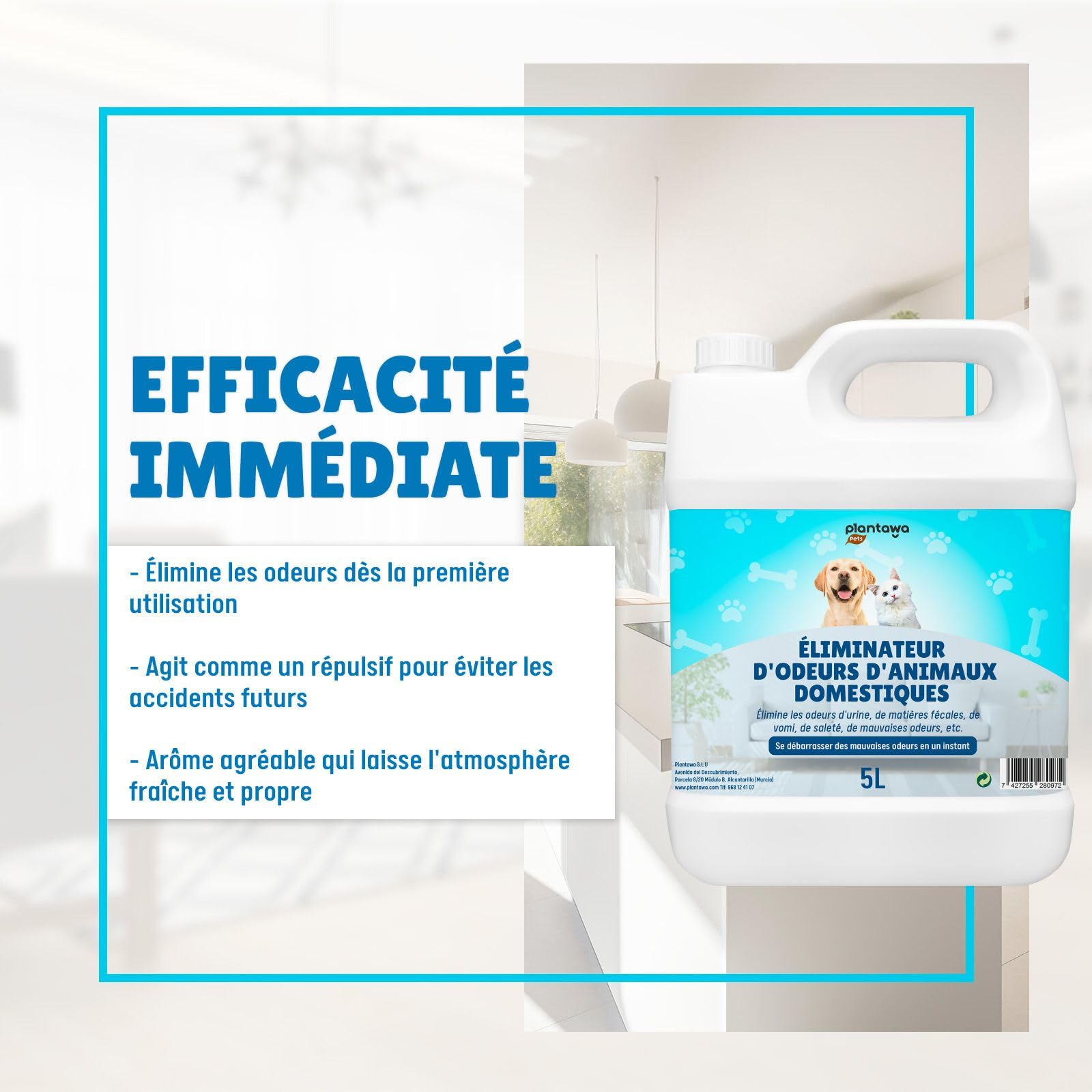 PLANTAWA Éliminateur instantané d'odeurs d'animaux domestiques 5l. Neutraliseur Enzymatique Odeurs Urine Fèces Vomissements. Intérieur et extérieur, Patio Jardin. Anti Odeur Urine Chiens Chats.