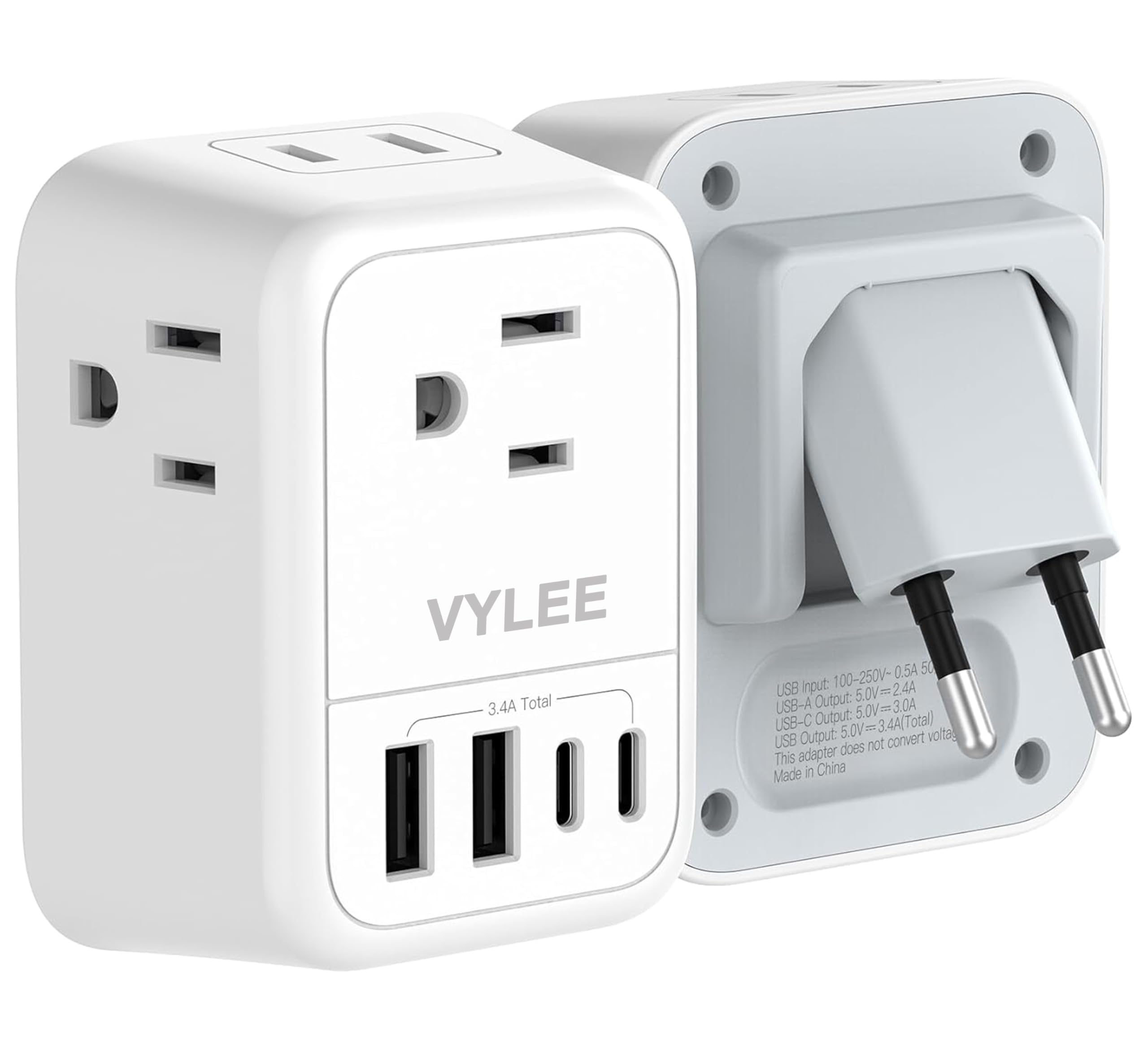 VYLEE Travel Plug Adapter with 4 AC Outlets and 4 USB Ports - European and International Power Adapter, Type C Plug Adapter Travel Essentials to Most Europe EU Spain Italy France Germany [1 Pack]