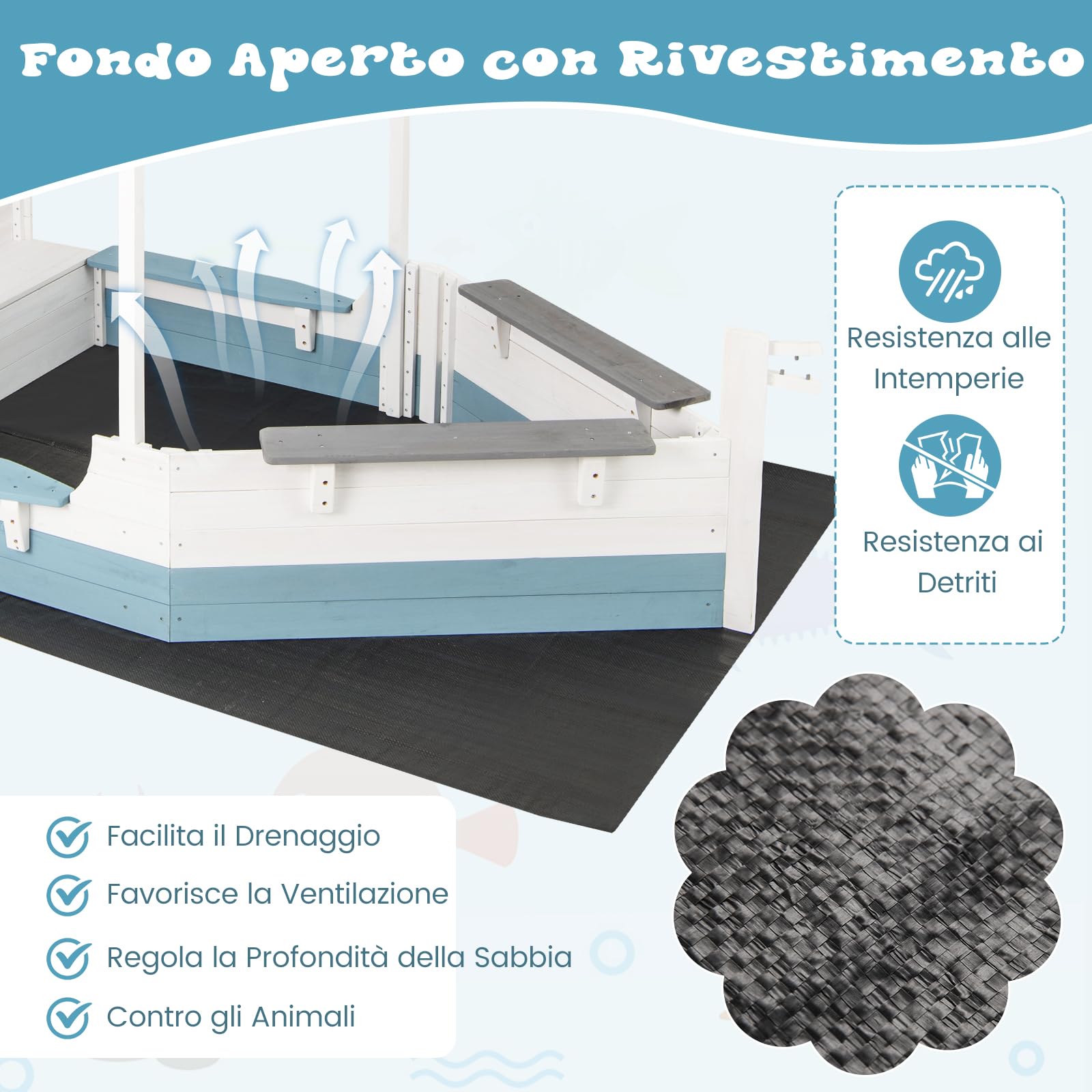 GYMAX Sabbiera in Legno di Abete, Casetta da Gioco per Giardino a Forma di Nave con Tetto Spiovente, Rivestimento, Sedili Multipli, Ampio Spazio di Stoccaggio, Sabbiera da Esterno per Bambini