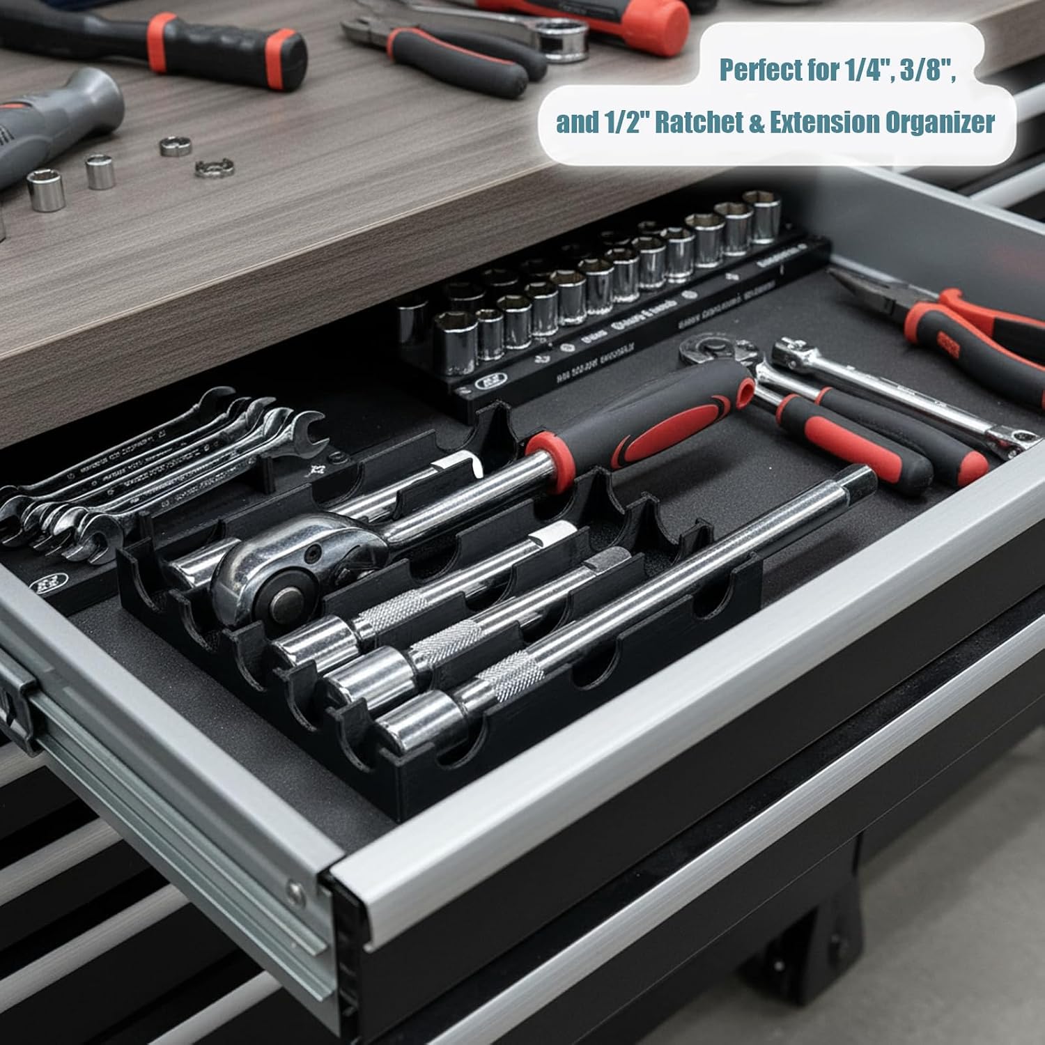 Ratchet & Extension Organizer Tray Toolbox Drawer Storage for Wrenches, Sockets & Drive Tools – Heavy Duty Tool Holder for Mechanics, DIY & Garages (black)