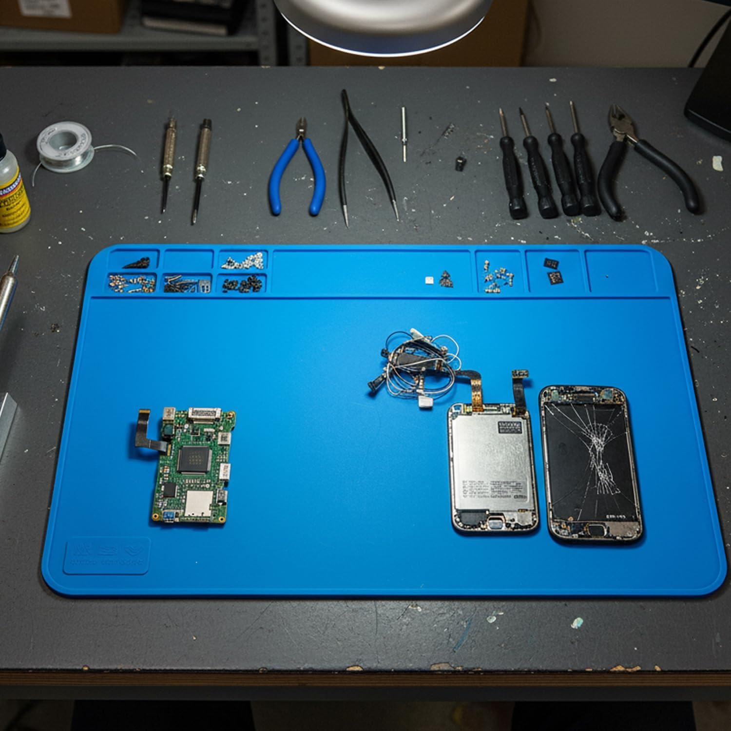 ESD Safe Soldering Mat, 2 Pcs 12”x8” Large Heat Resistant Repair Mat up to 932°F, Silicone Workstation with Grid for Phone, Laptop, Watch, BGA Electronics Repair (Blue)