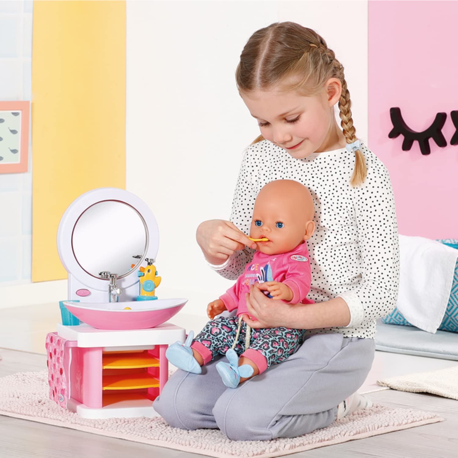 BABY Born Bath Hand Wash Basin 832707 - High-quality accessories with light and sound effects for toddlers - Includes toothbrush, mug, dispenser, plug and towel - Suitable from 3 years