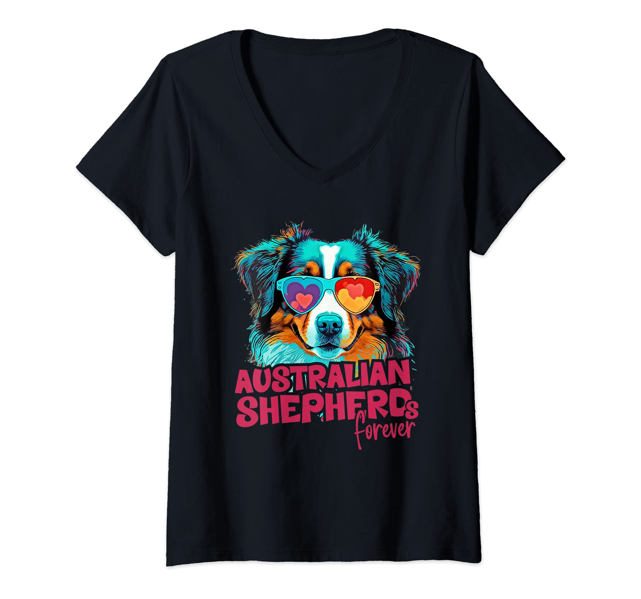 Womens Australianshepherddog with heartglasses, Aussielove V-Neck T-Shirt
