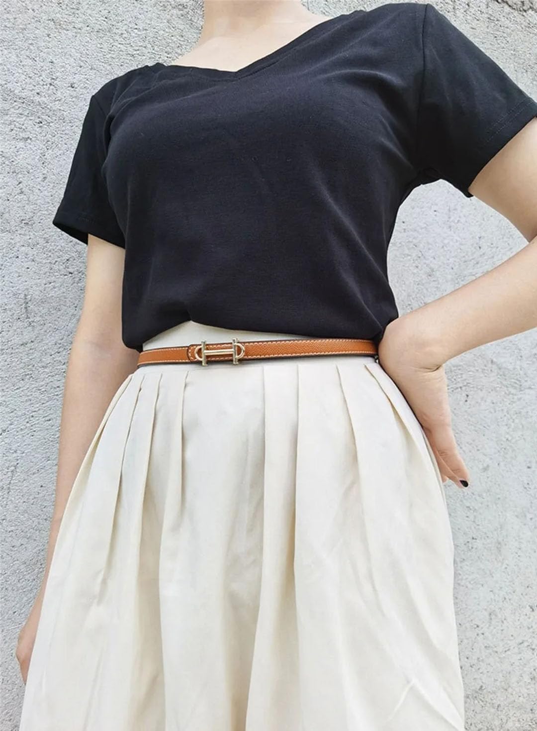 Women’S Retro Casual Solid PU Leather Double Sided 1.4Cm Buckle Belt For Jeans Dresses