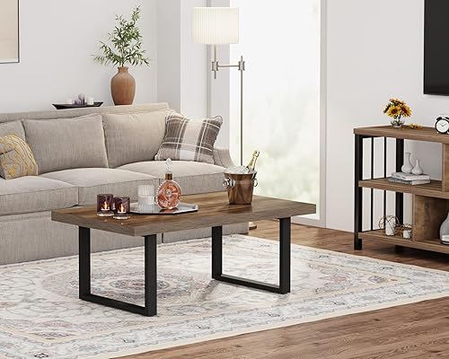 Miniatura 7 de IBF Farmhouse Coffee Table, Modern Coffee Table for Living Room, Simple Industrial Rectangle Center Table, Wood Metal Tea Table for Home Bedroom