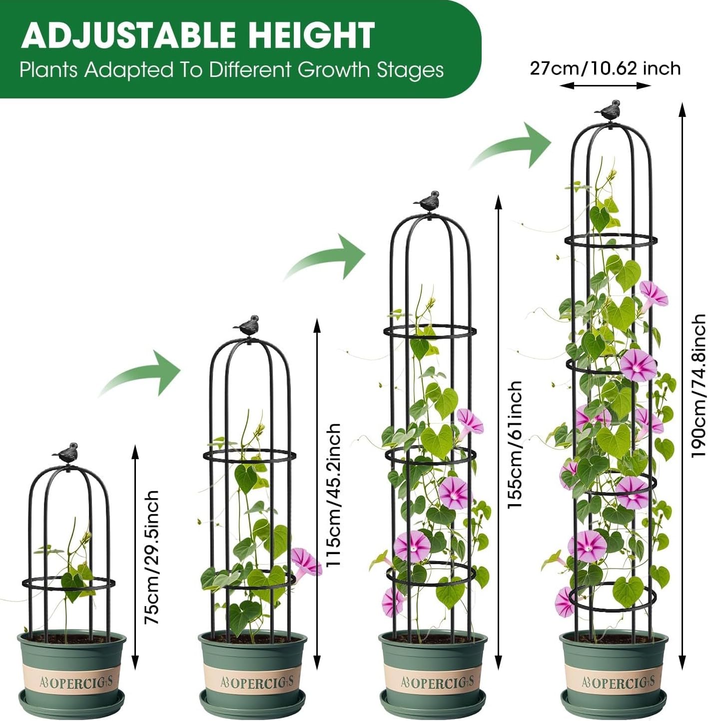 LATERN 1 Pieza Enrejado de Obelisco de Jardín para Plantas Trepadoras, 180CM Altura Soporte Metálico para Plantas con Revestimiento Antioxidante para Macetas Plantas Rosas Tomates Pepinos Flores Uvas