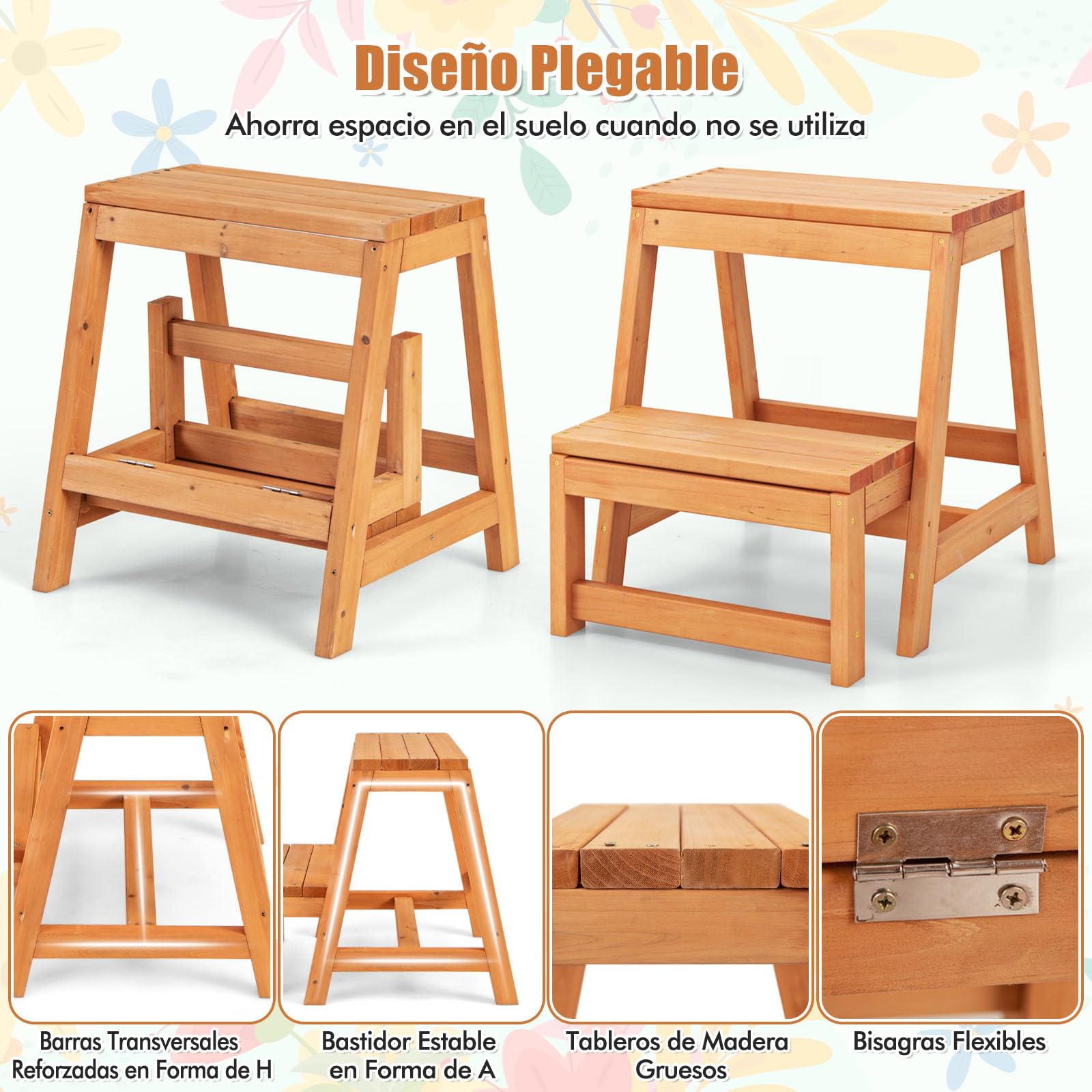 GIANTEX Taburete Escalera Plegable de Madera de Abeto, 2 Peldaños, 50 x 39 x 45 cm, Taburete Plegable Multifuncional, Carga 150 kg+100 kg, para Biblioteca, Cocina, Jardín, Almacén