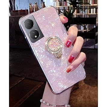 KC Back Cover for Vivo Y100 5G - Diamond Stones Ring Stand Holder Shell Soft Slim Silicone Case (Pink)