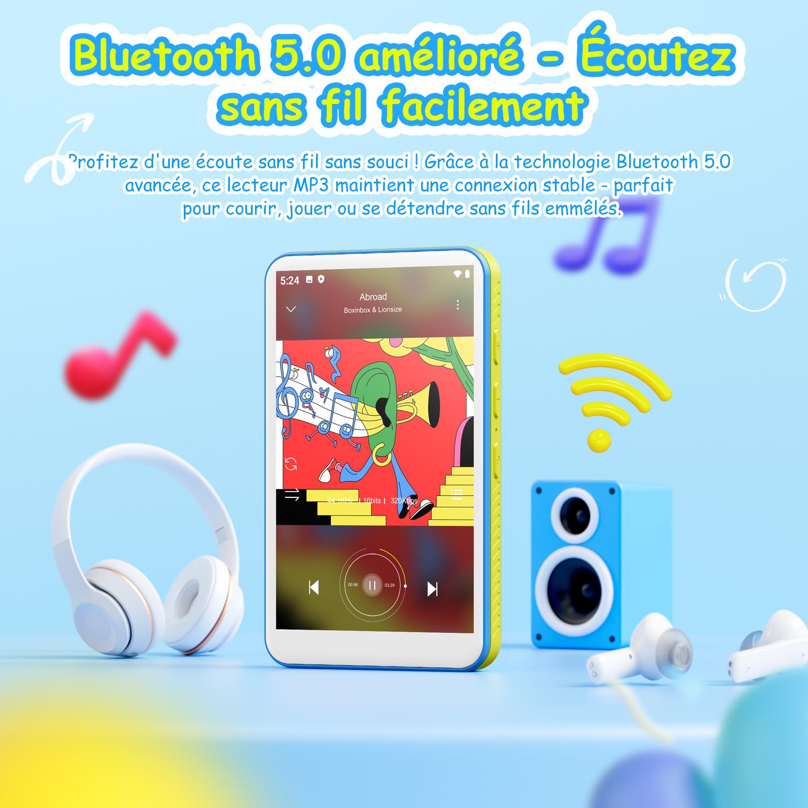 132GB MP3 Players with Bluetooth WiFi, Lecteur de Musique pour Enfants, 2000mAh MP4 Players with 4 Pouces Touchscreen, Android 13 OS Music Players with Spotify, Pandora, Deezer, Audible, Play Store