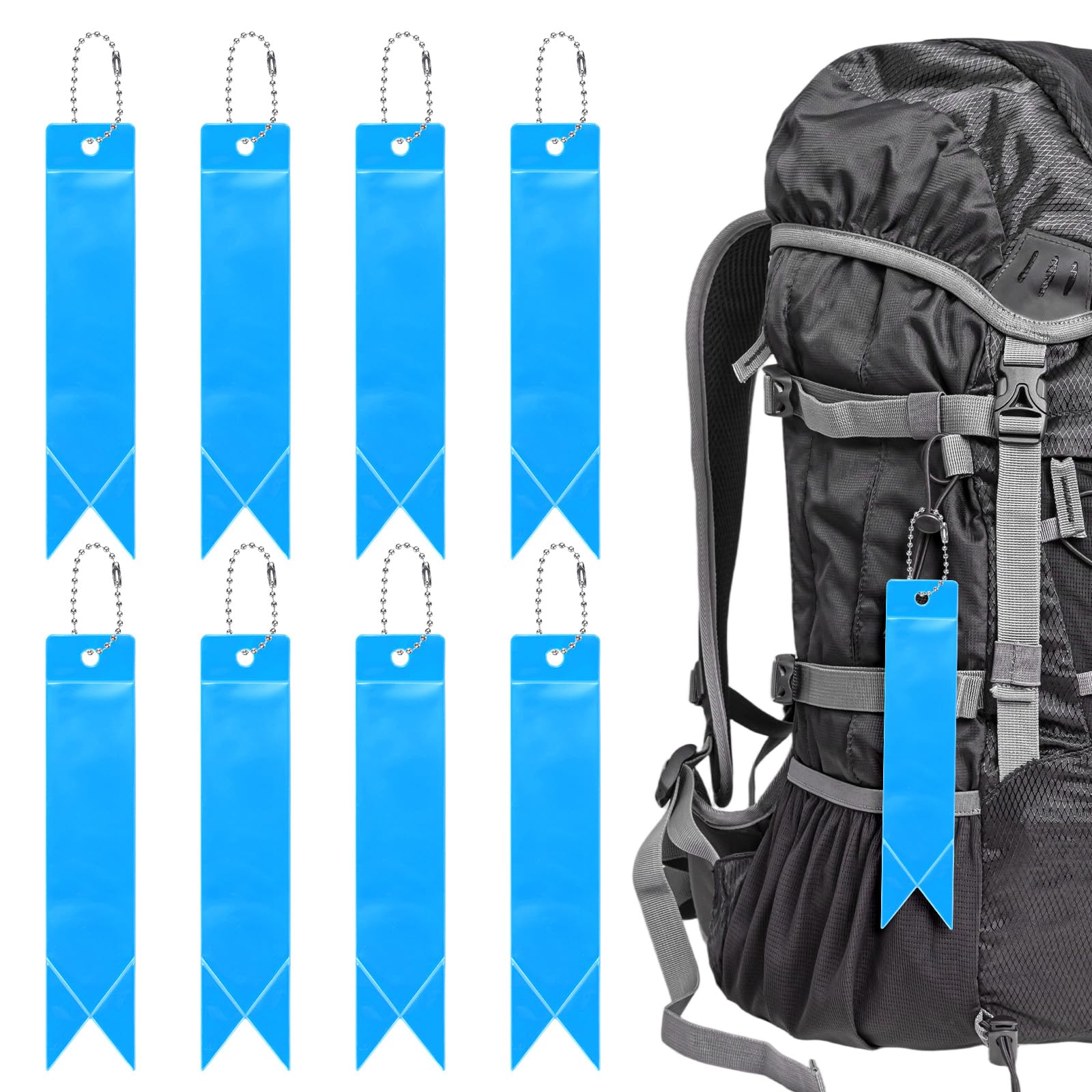 TIXIPEM Safety Reflector Pendants [8PCS] - Reflective Safety Keychain Gear with Chain Use for Backpack & Running & Cycling - [Lake Blue-5.9IN/15CM] Double-Sided Reflective Tags