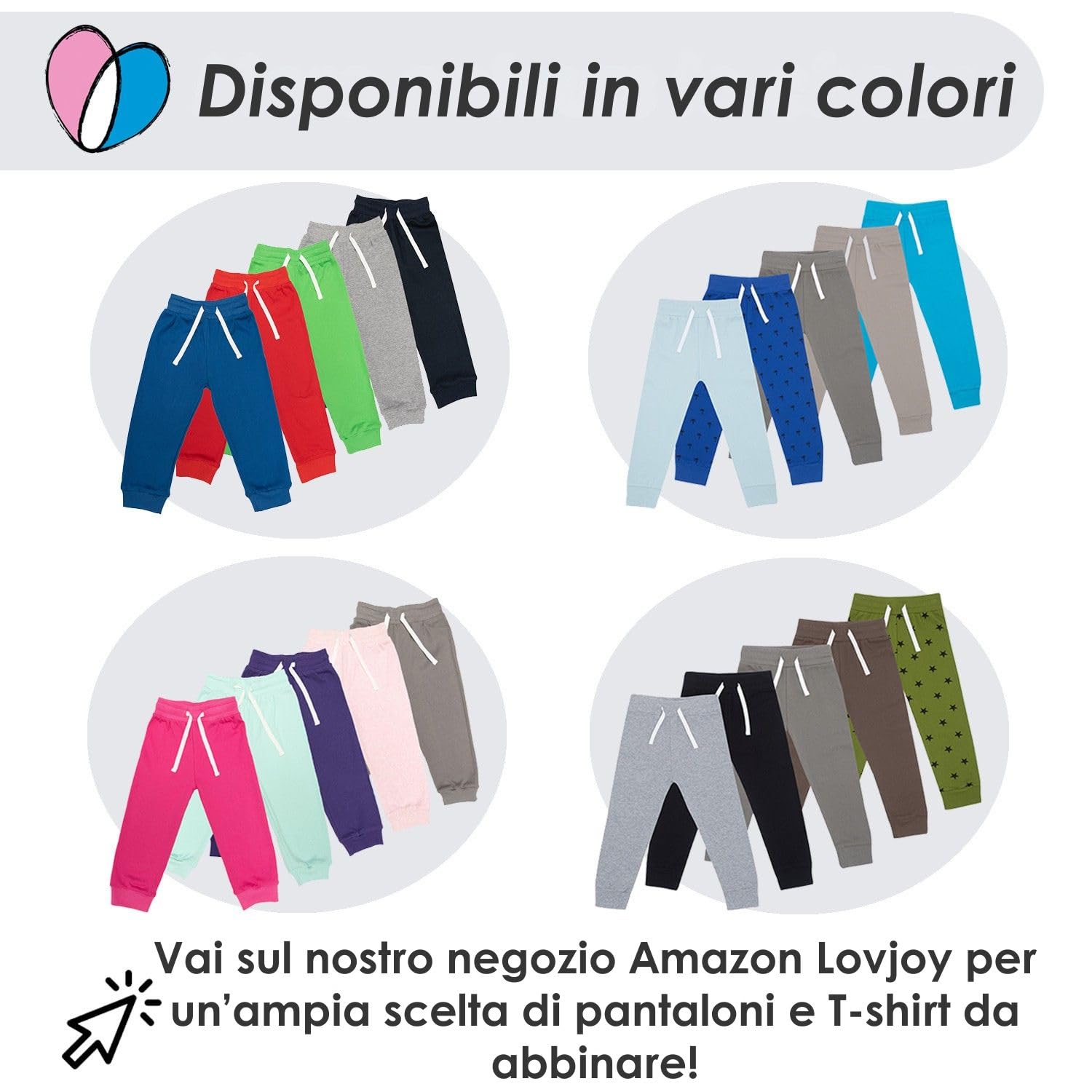 Lovjoy Pantaloni Jogger da Bambini – Pacco da 3 o 4 Colori - 1-4 Anni - qualità, Comfort, 100% Cotone con Elastico e Coulisse Regolabile