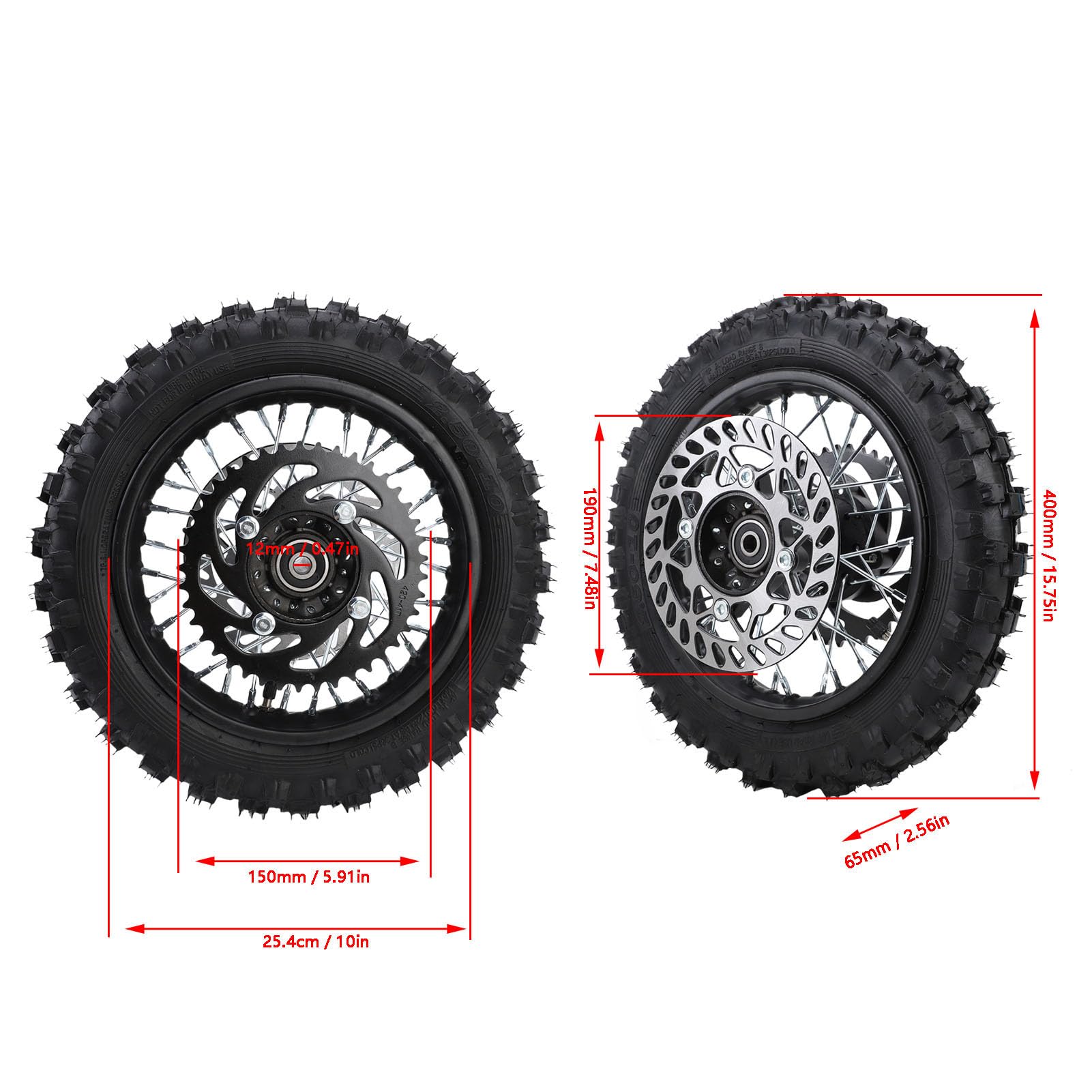 banapoy Opona felgę Tylnego Koła 2,5-10 10" do Motocykla Dirt Pit Bike o Pojemności 50 Ml - 110 Ml, zespół Felgi 2,5-10 z osią 12 Mm i tarczą hamulcową 190 Mm Oraz zębatką 420 41T